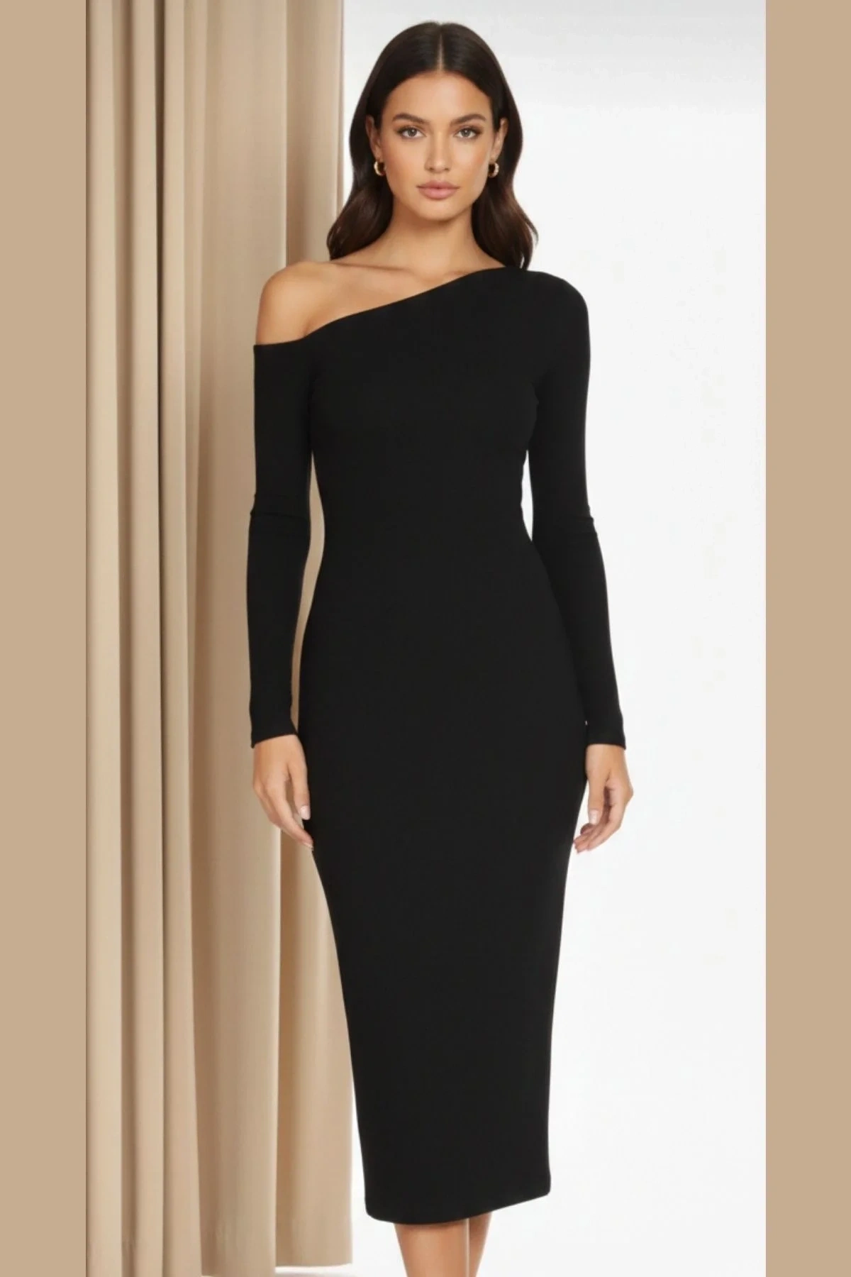 Kadın Siyah Uzun Kollu Tek Omuzu Açık Sandy Kumaş Vücudu Saran Bodycon Midi Elbise