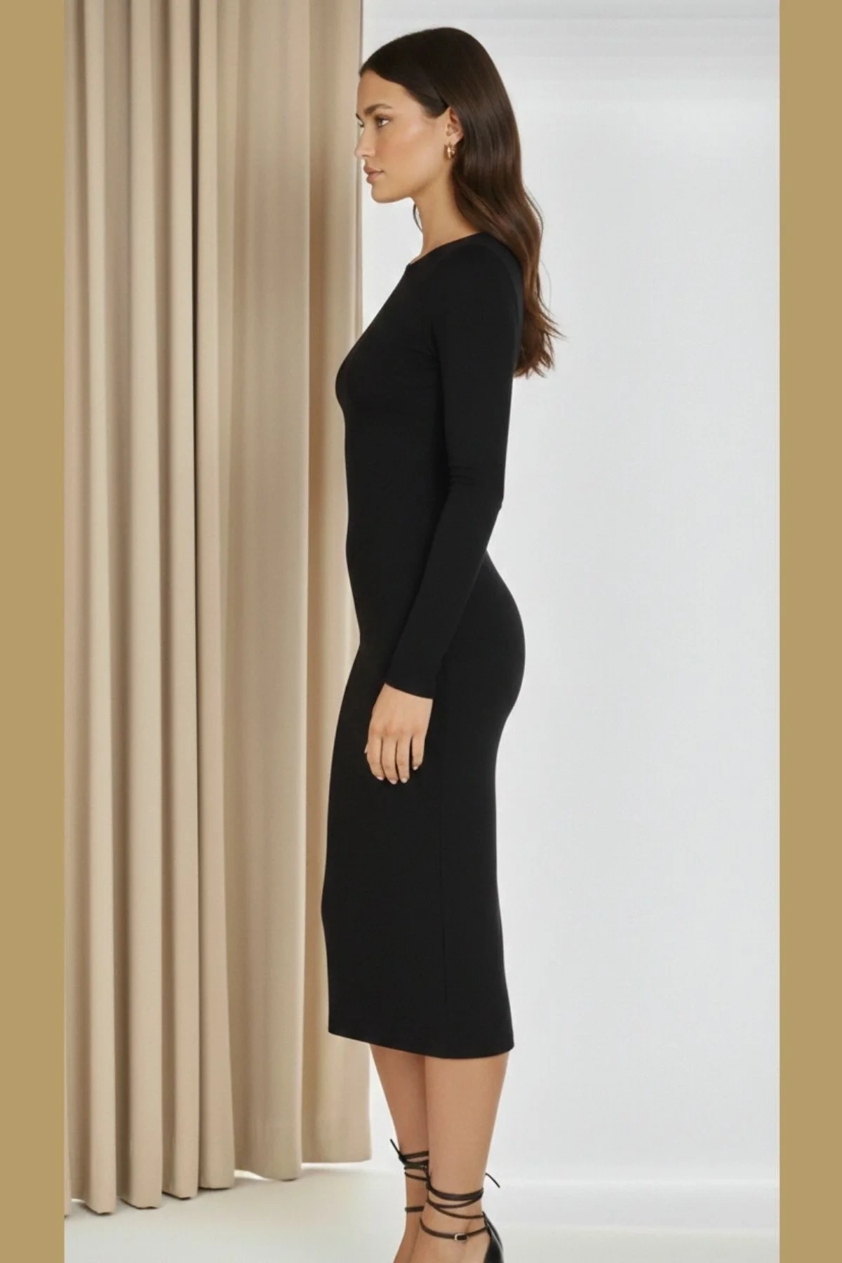 Kadın Siyah Uzun Kollu Tek Omuzu Açık Sandy Kumaş Vücudu Saran Bodycon Midi Elbise