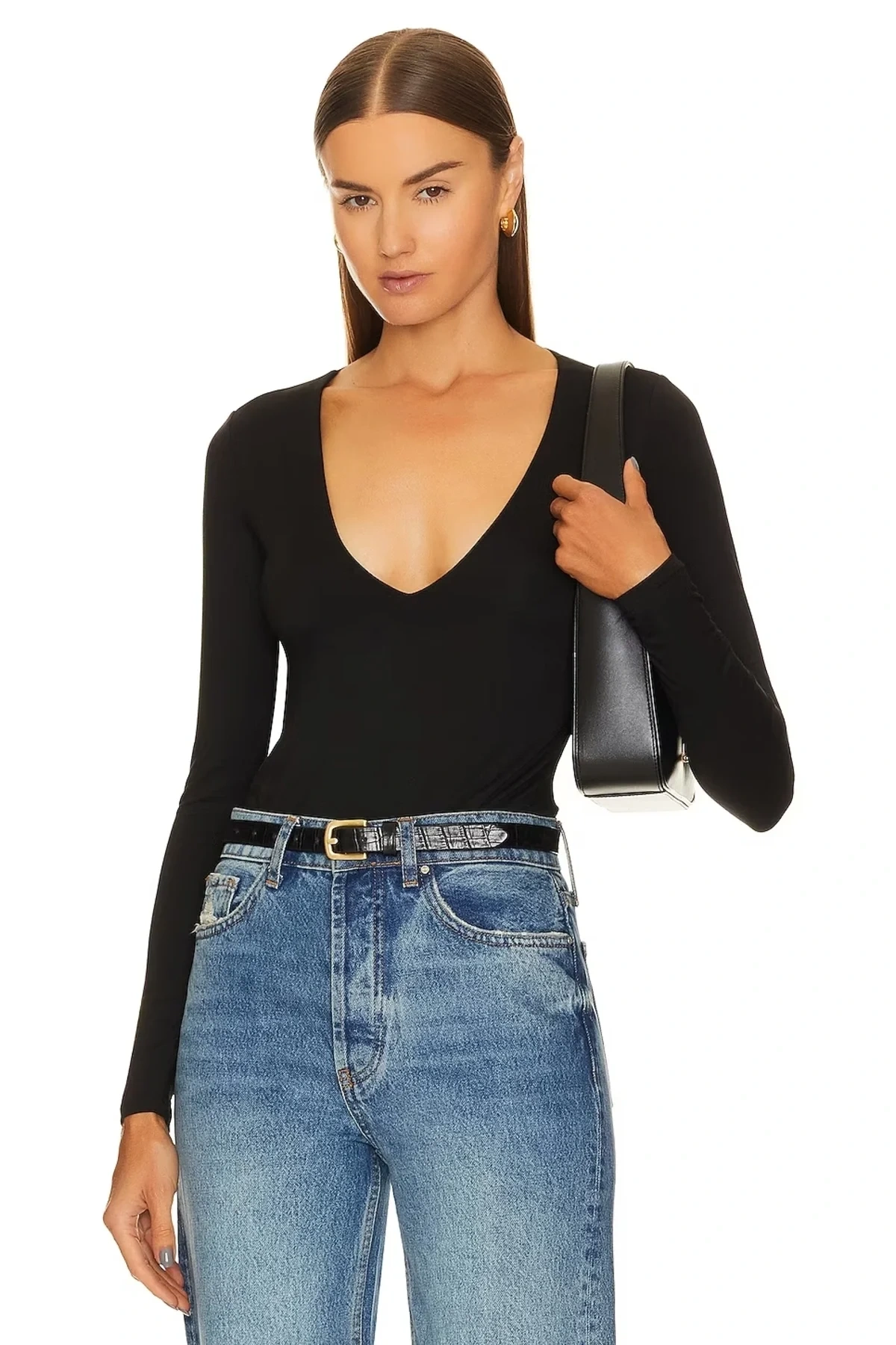 Kadın Siyah Derin V Yaka Uzun Kollu Alttan Çıtçıtlı Çift Kat İpek Jarse Basic Tanga Bodysuit