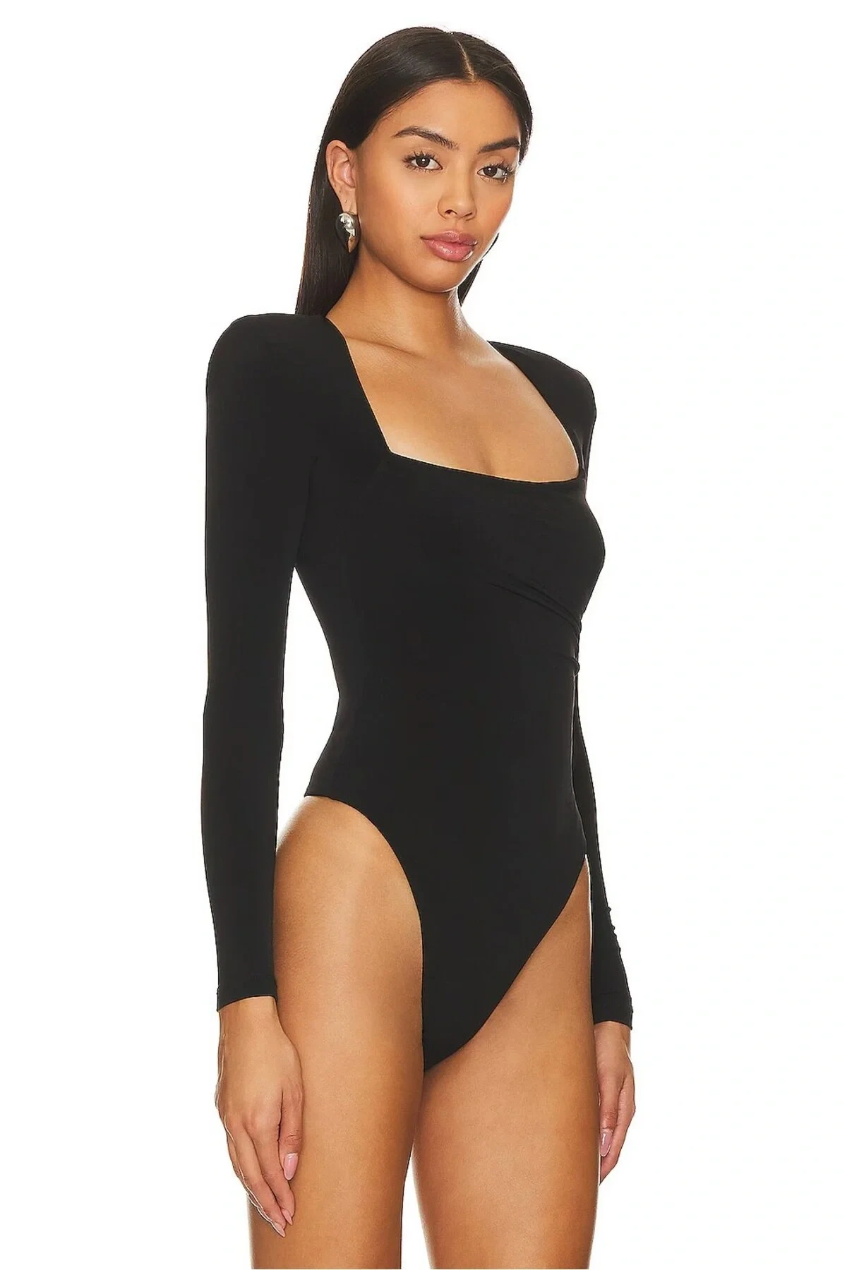 Kadın Siyah Kare Yaka Vatkalı Yanı Büzgülü Uzun Kollu Çift Kat İpek Jarse Tanga Bodysuit