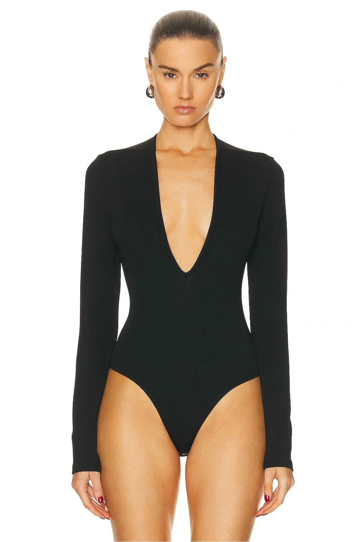 Kadın Siyah Derin V Yaka Uzun Kollu Çıtçıtlı Çift Kat İpek Jarse Kumaş Basic Tanga Bodysuit