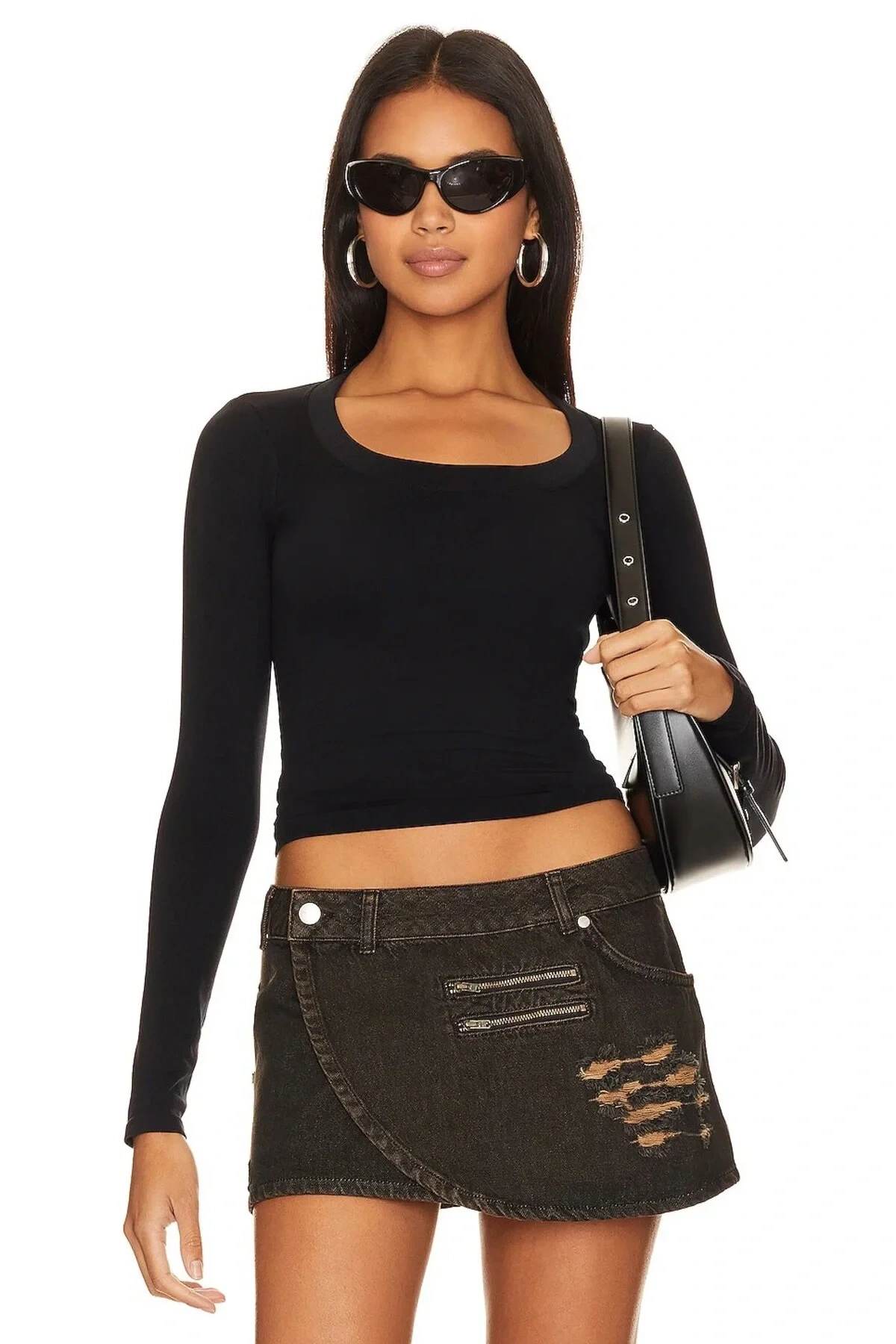 Kadın Siyah Geniş U Yaka Uzun Kol Çift Kat İpek Jarse Crop Top