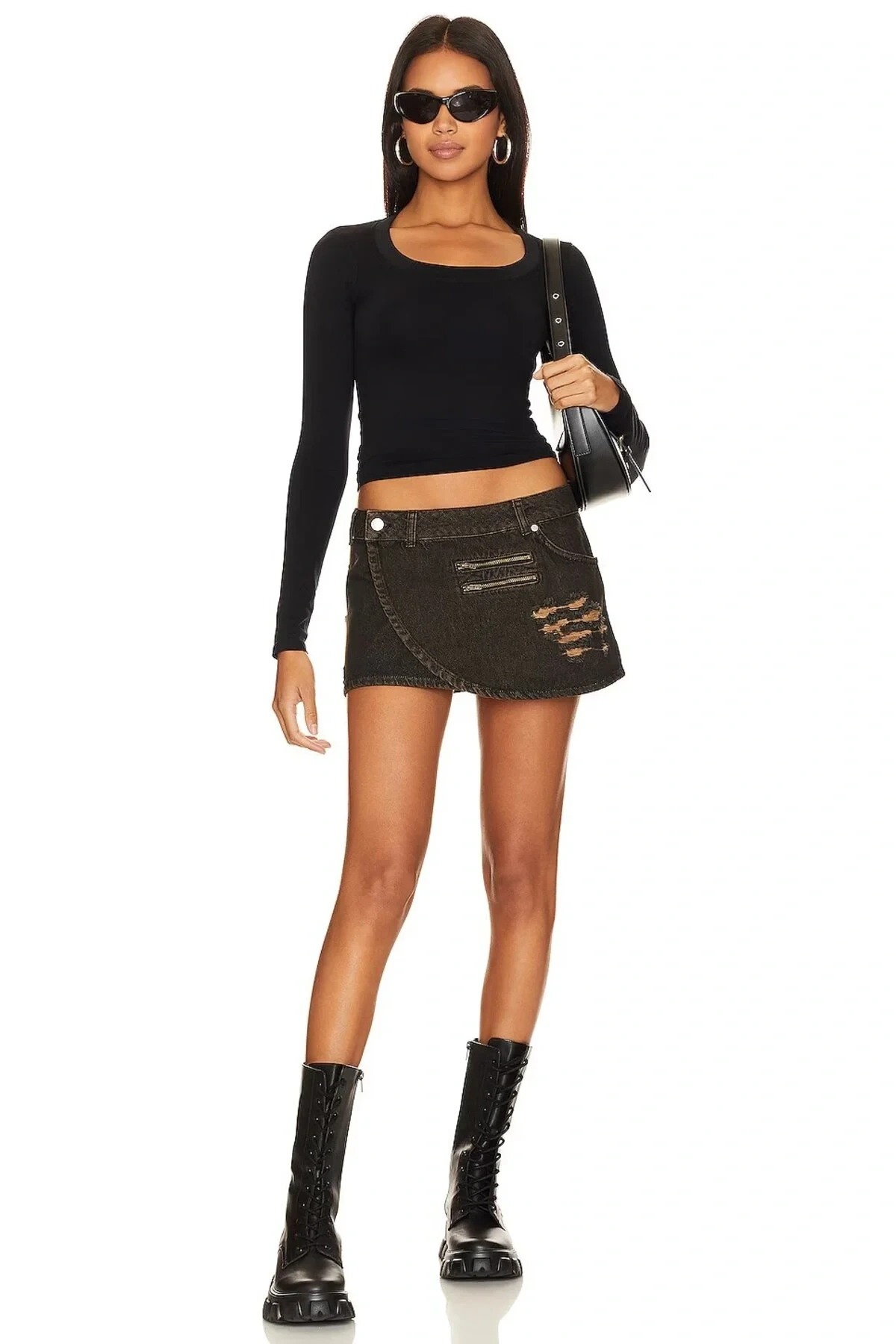 Kadın Siyah Geniş U Yaka Uzun Kol Çift Kat İpek Jarse Crop Top