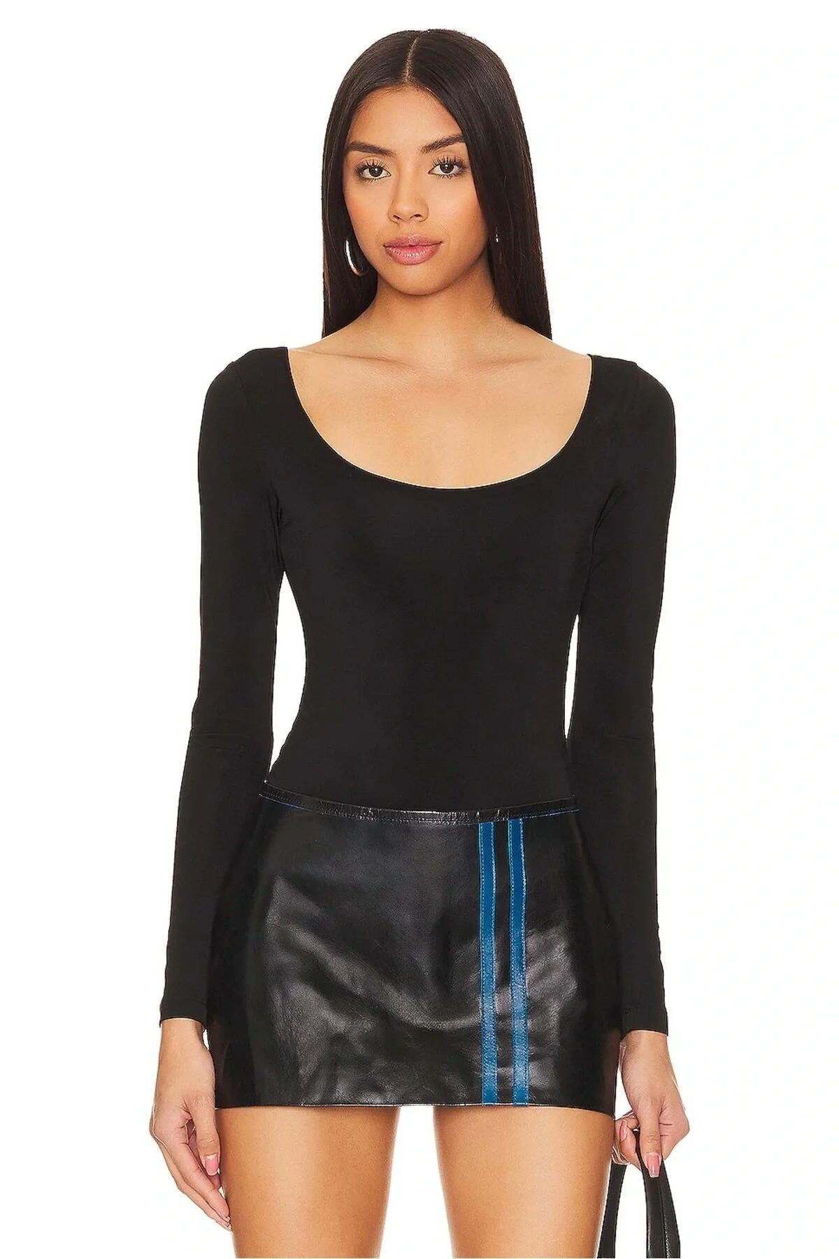 Kadın Siyah Derin U Yaka Uzun Kollu Alttan Çıtçıtlı Çift Kat İpek Jarse Basic Tanga Bodysuit