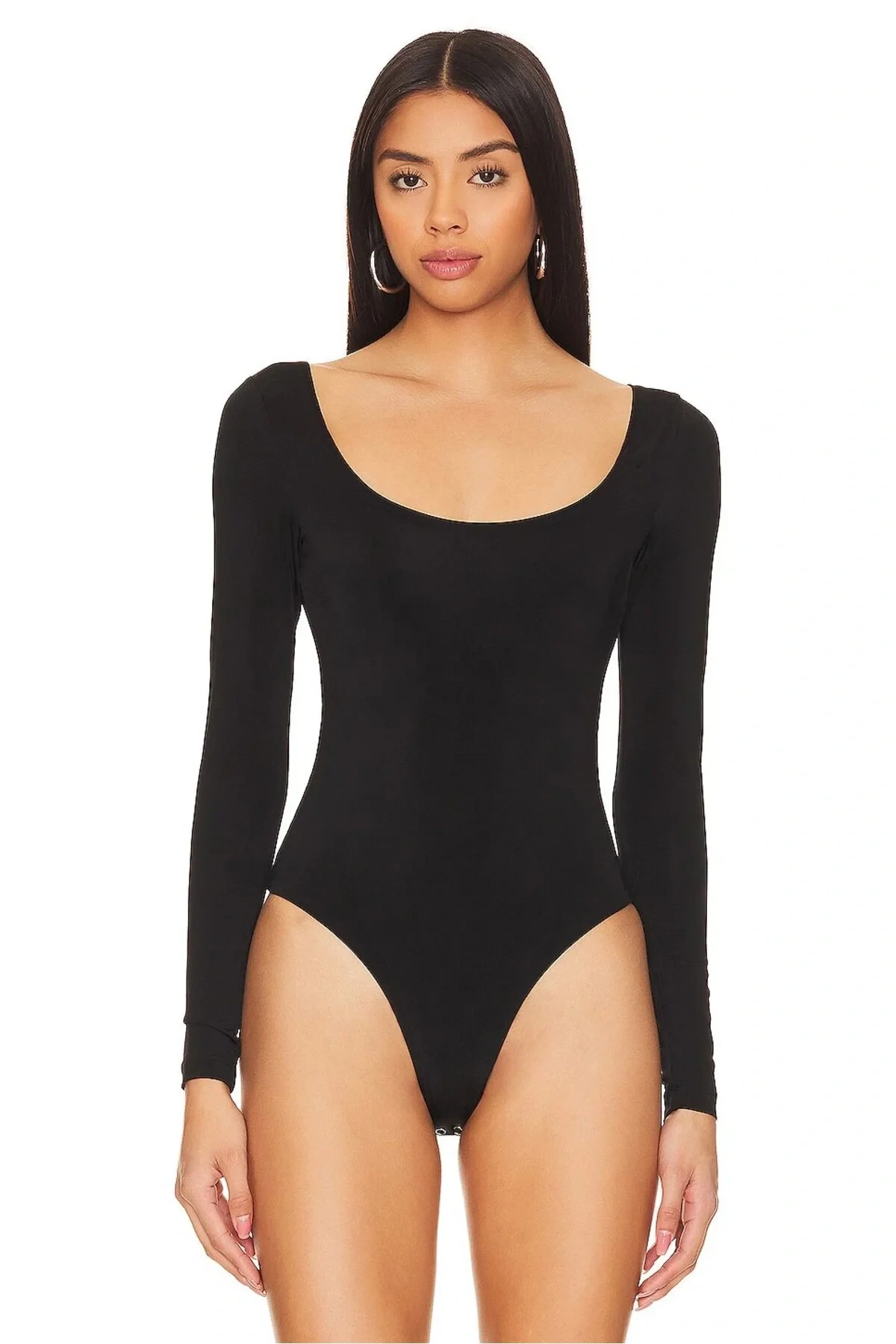 Kadın Siyah Derin U Yaka Uzun Kollu Alttan Çıtçıtlı Çift Kat İpek Jarse Basic Tanga Bodysuit
