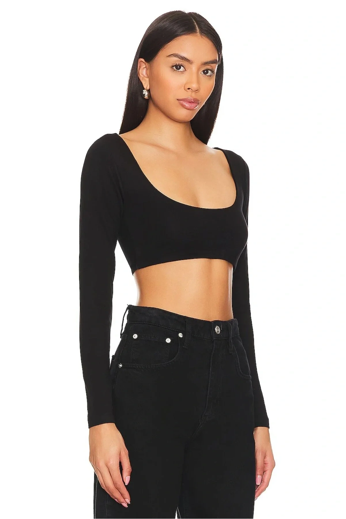 Kadın Siyah Derin U Yaka Uzun Kol Çift Kat İpek Jarse Basic Crop Top