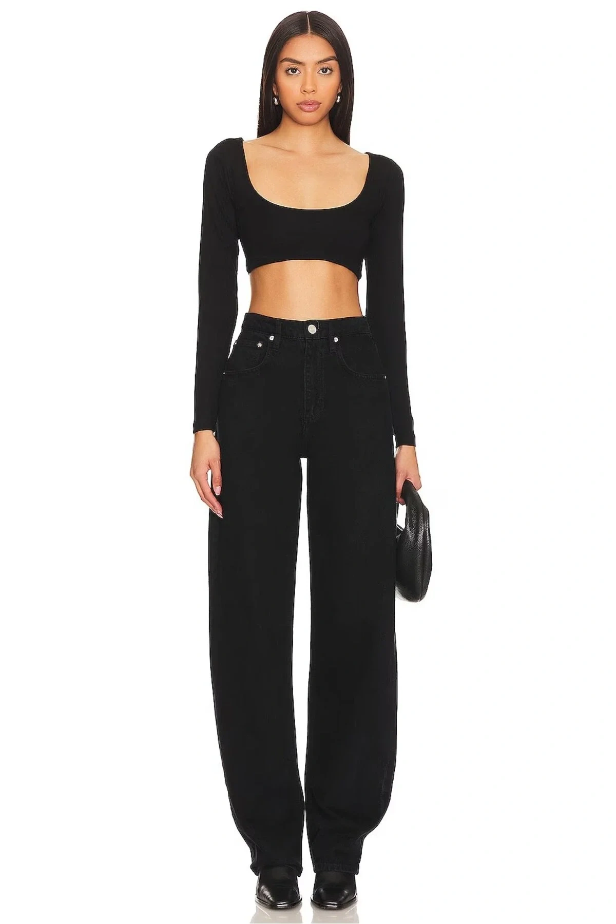 Kadın Siyah Derin U Yaka Uzun Kol Çift Kat İpek Jarse Basic Crop Top