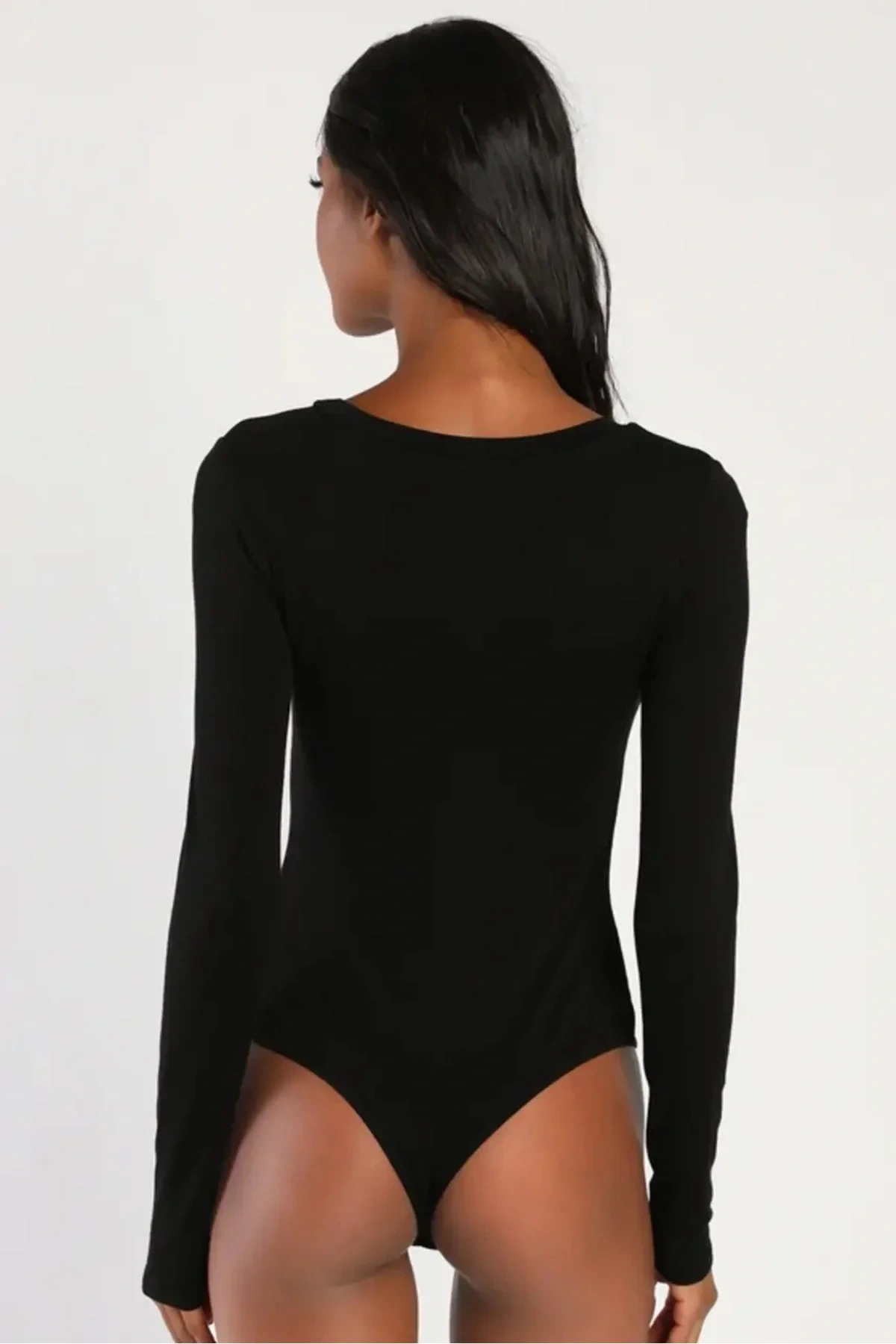Kadın Siyah Derin V Yaka Uzun Kollu Çift Kat İpek Jarse Kumaş Şık Basic Tanga Bodysuit