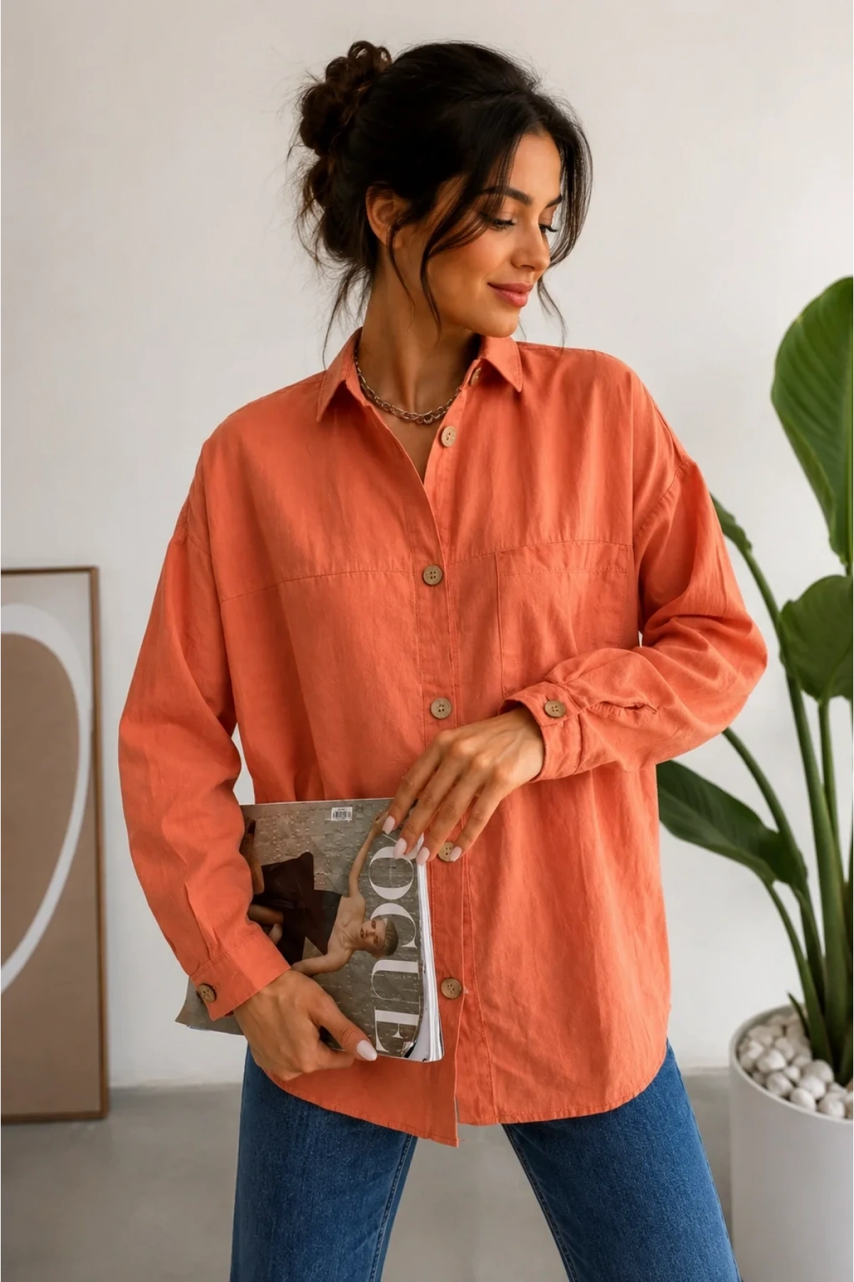 Kadın Turuncu Pamuklu Keten Tek Cepli Ahşap Düğmeli Bohem Oversize Gömlek