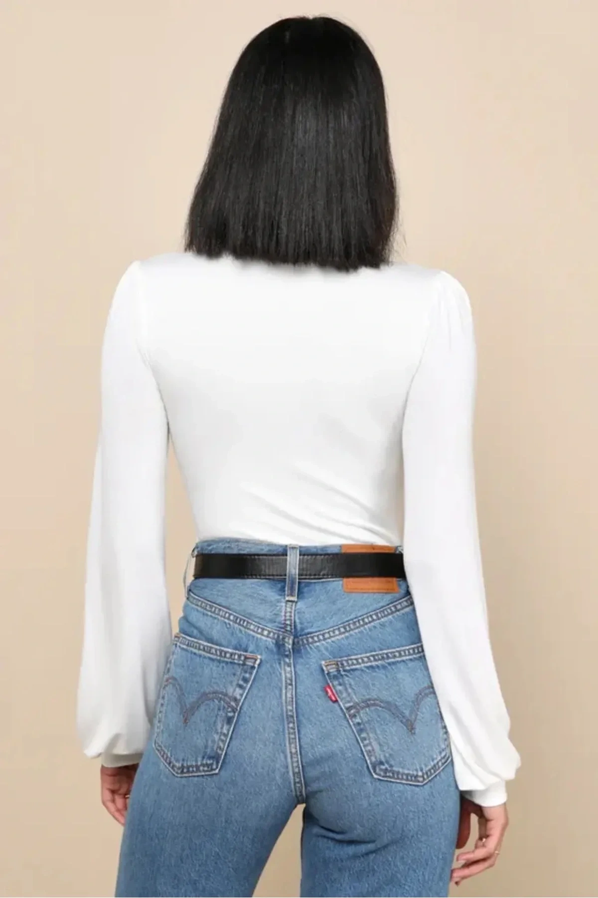 Kadın Beyaz Geniş U Yaka Uzun Balon Kol Vücudu Saran Çift Kat İpek Jarse Basic Tanga Bodysuit