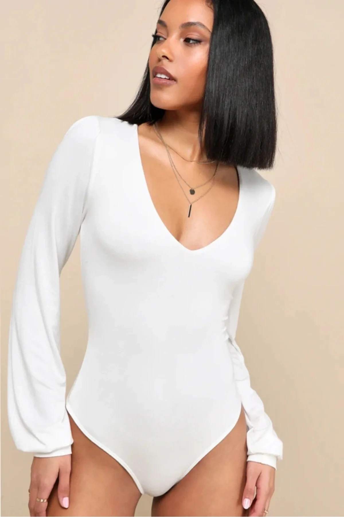Kadın Beyaz Geniş U Yaka Uzun Balon Kol Vücudu Saran Çift Kat İpek Jarse Basic Tanga Bodysuit