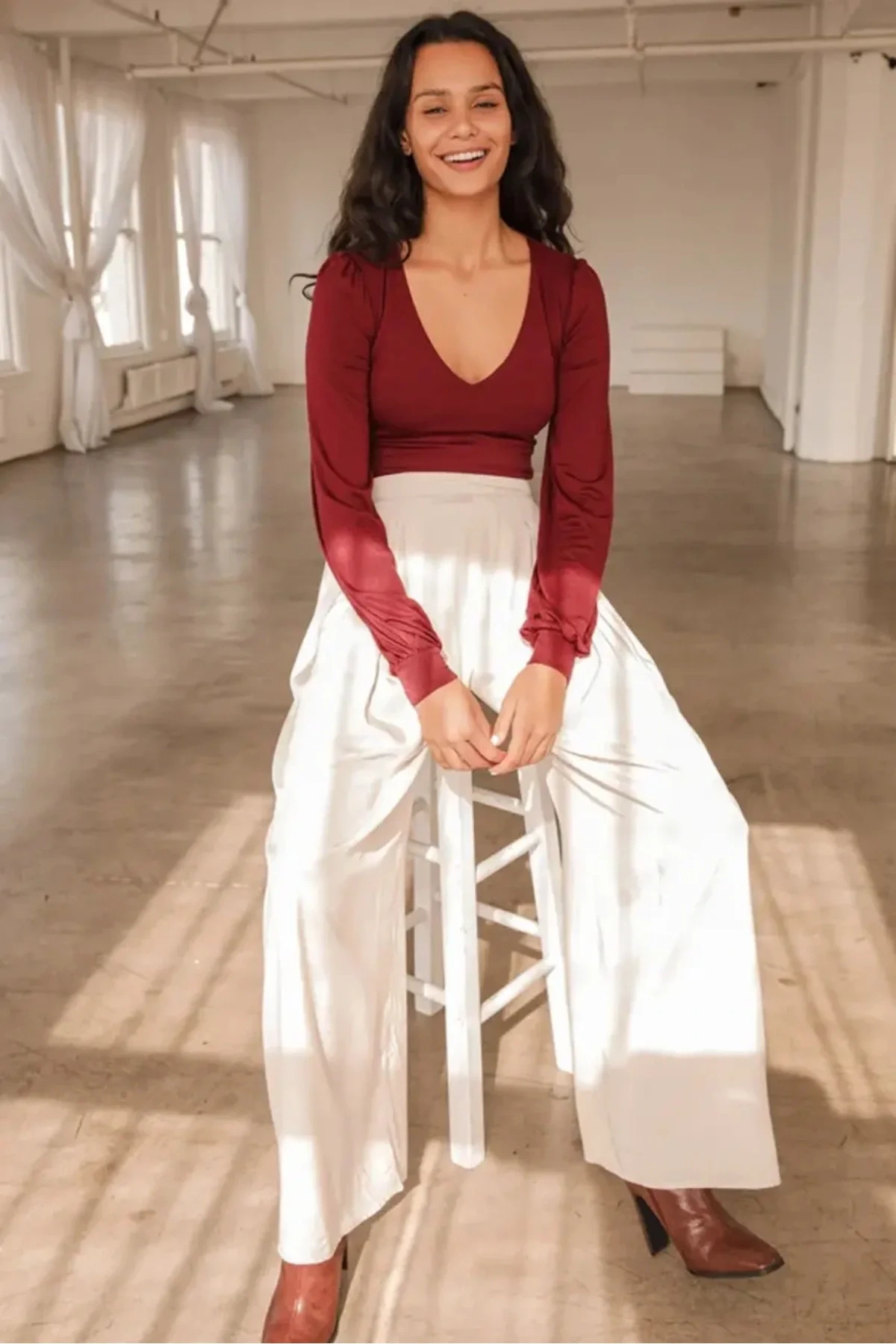 Kadın Bordo Geniş U Yaka Uzun Balon Kol Vücudu Saran Çift Kat İpek Jarse Basic Tanga Bodysuit