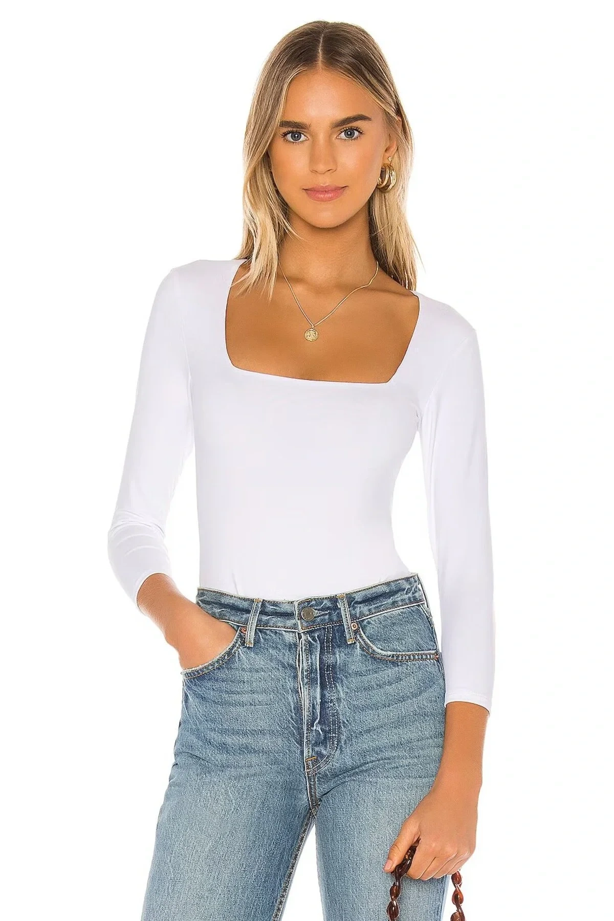 Kadın Beyaz Kare Yaka Uzun Kollu Çıtçıtlı Çift Kat İpek Jarse Kumaş Basic Tanga Bodysuit