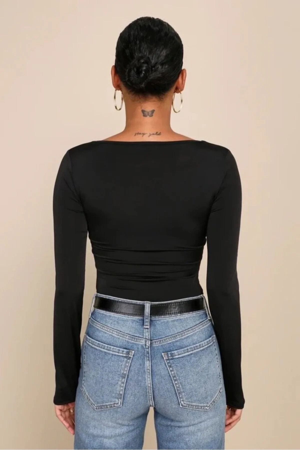 Kadın Siyah Kare Yaka Uzun Kollu Alttan Çıtçıtlı Çift Kat İpek Jarse Basic Tanga Bodysuit