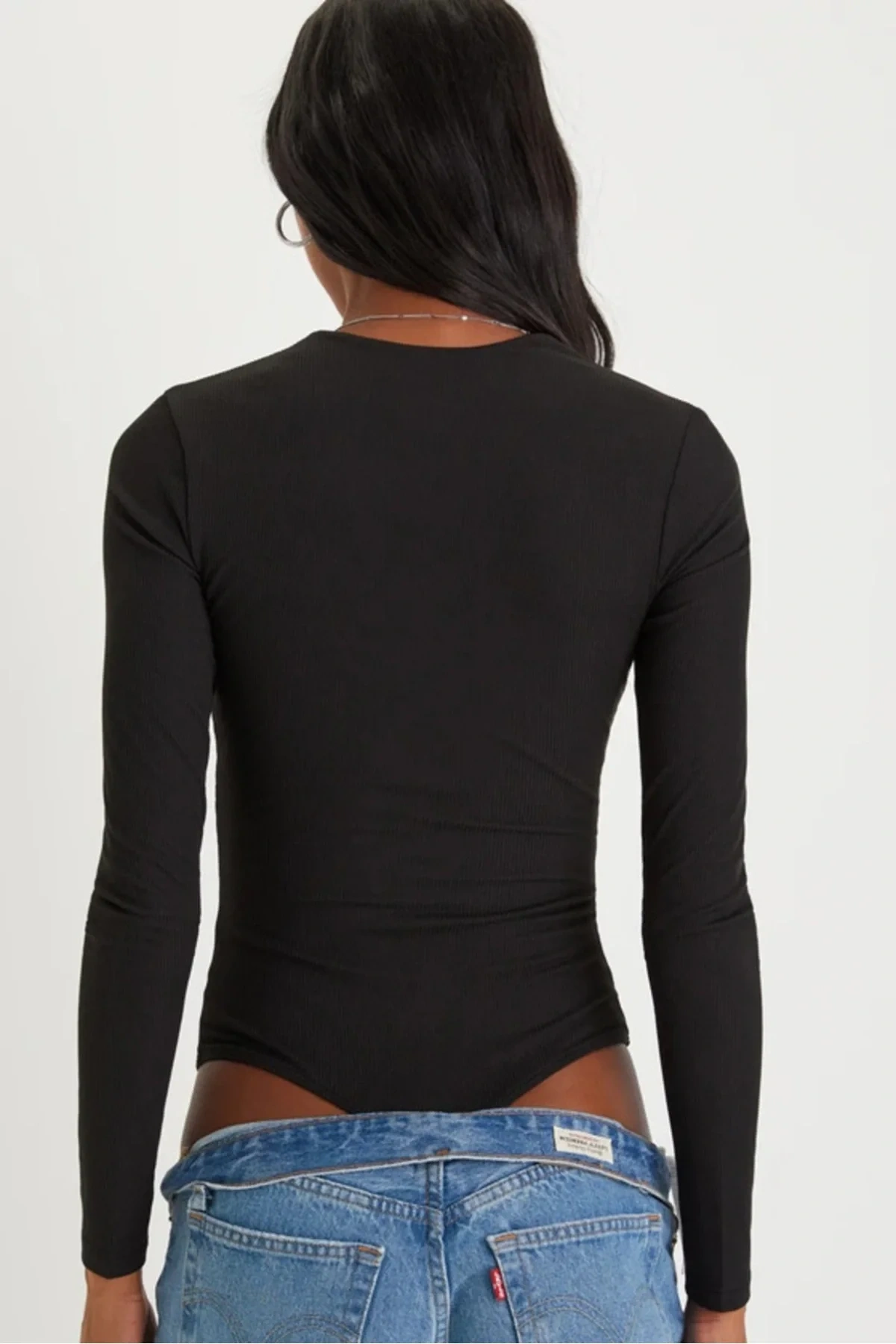 Kadın Siyah Derin U Yaka Uzun Kollu Çift Kat İpek Jarse Kumaş Şık Basic Tanga Bodysuit