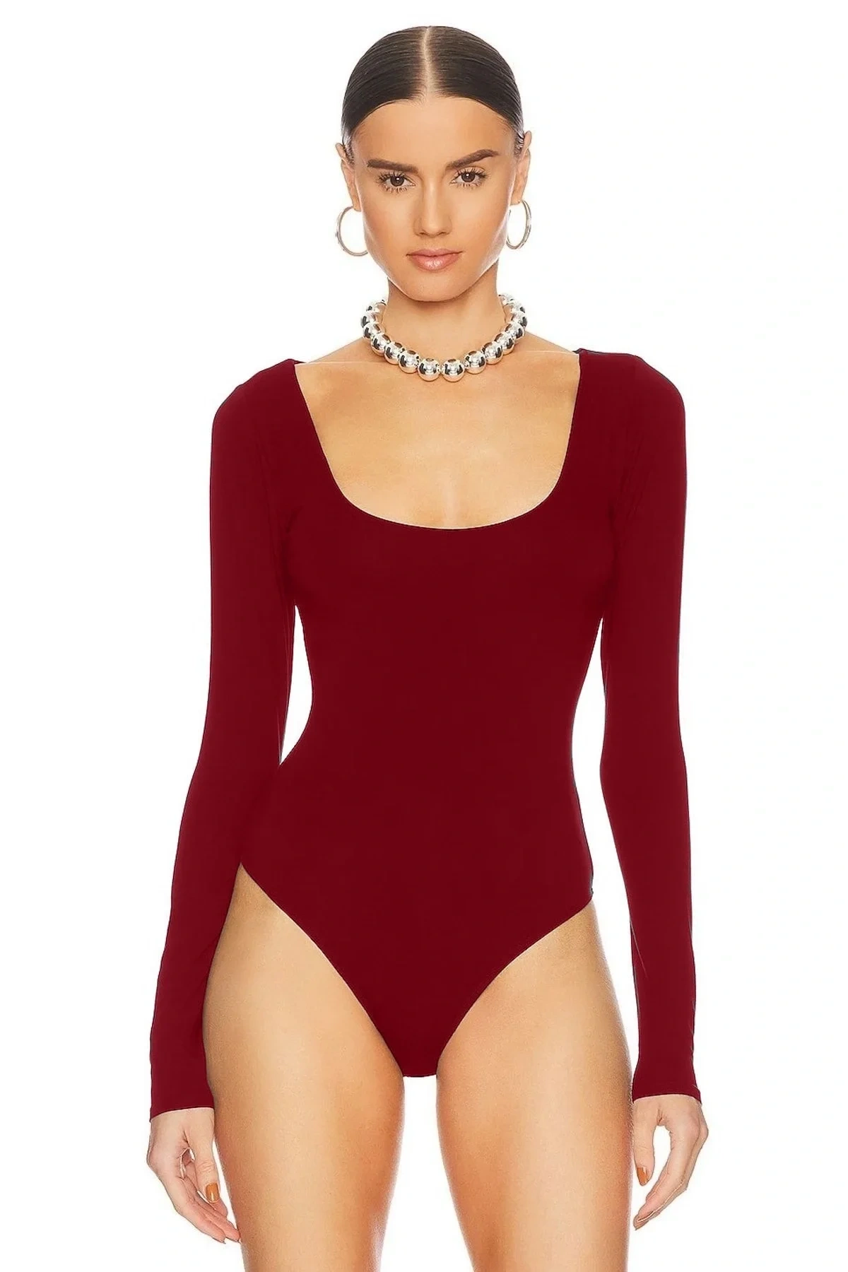 Kadın Bordo U Yaka Uzun Kollu İpek Jarse Vücudu Saran Basic Bodysuit