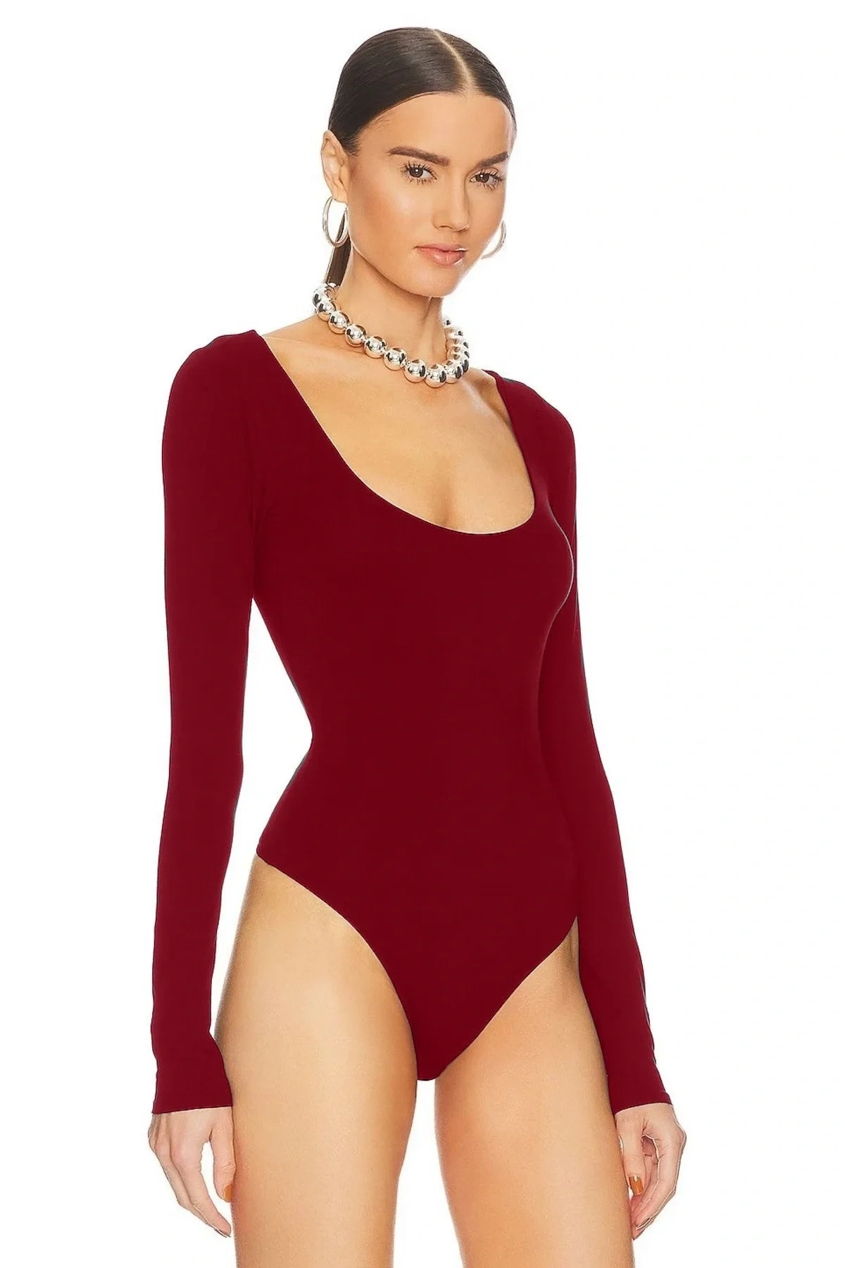 Kadın Bordo U Yaka Uzun Kollu İpek Jarse Vücudu Saran Basic Bodysuit