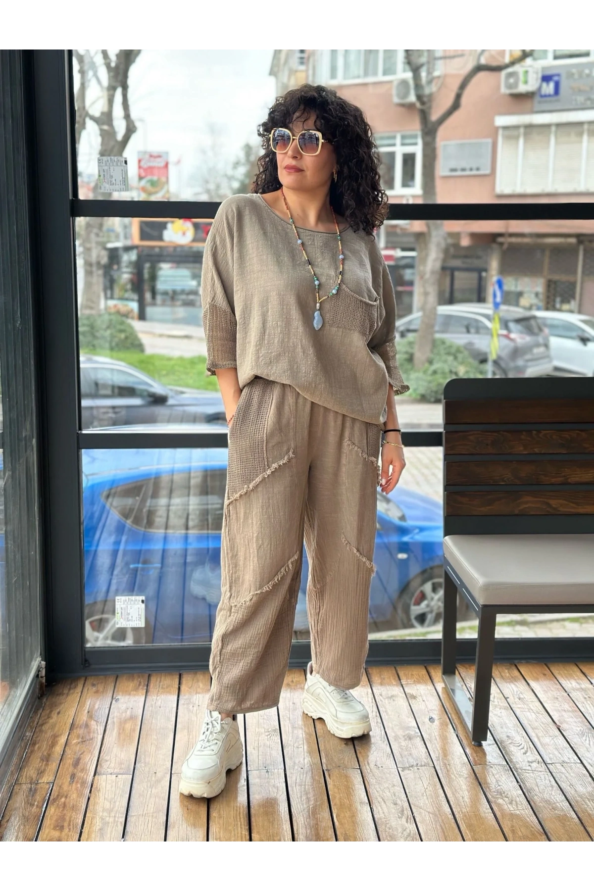 Kadın Vizon Keten Cepli Yıkamalı Bohem Pinterest Salaş Bol Paça Pantolon Yüksek Bel