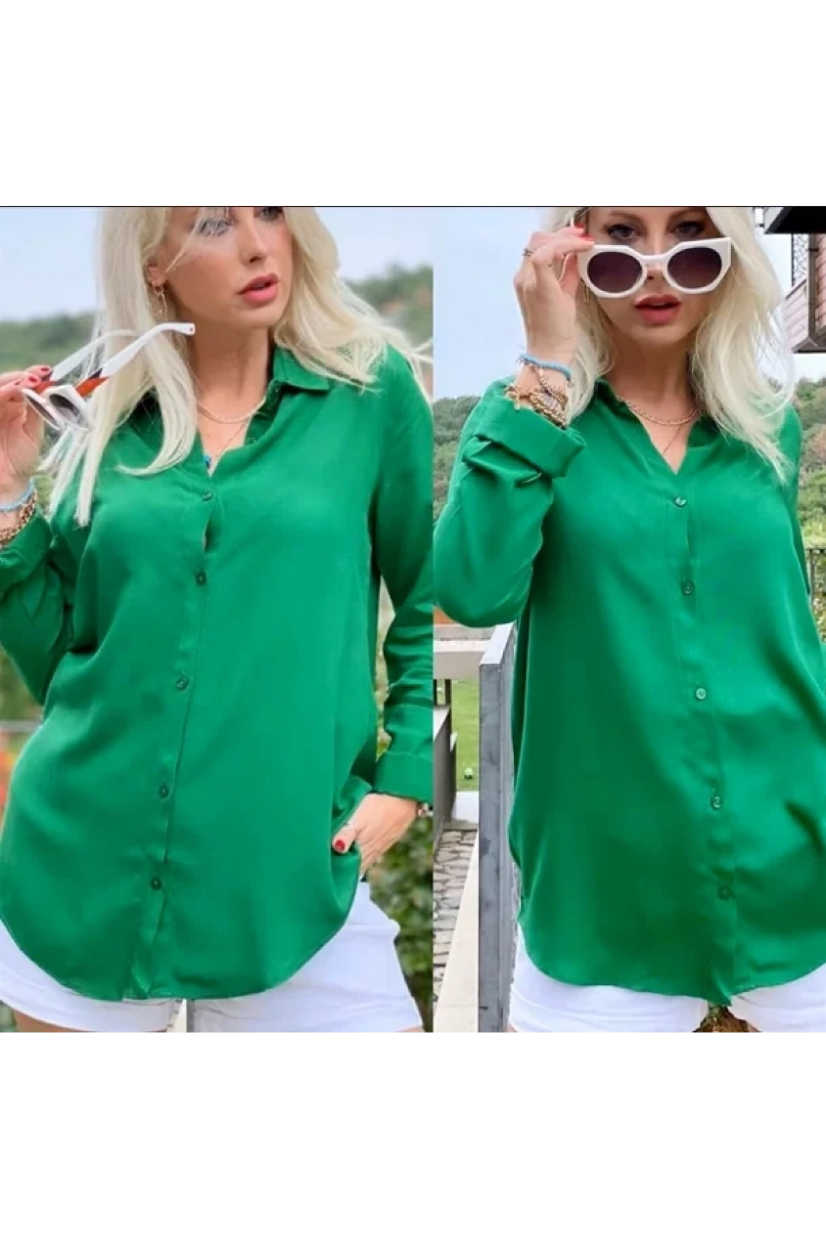 Kadın Yeşil Düz Renk Dokuma Uzun Kollu Manşetli Düğmeli Pamuklu Viskon Basic Gömlek
