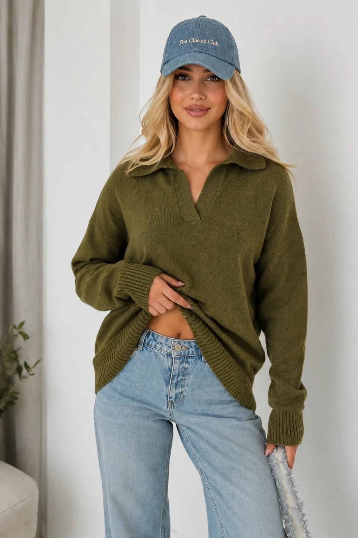 Kadın Yeşil Pamuklu Polo Yaka Oversize Triko Kazak