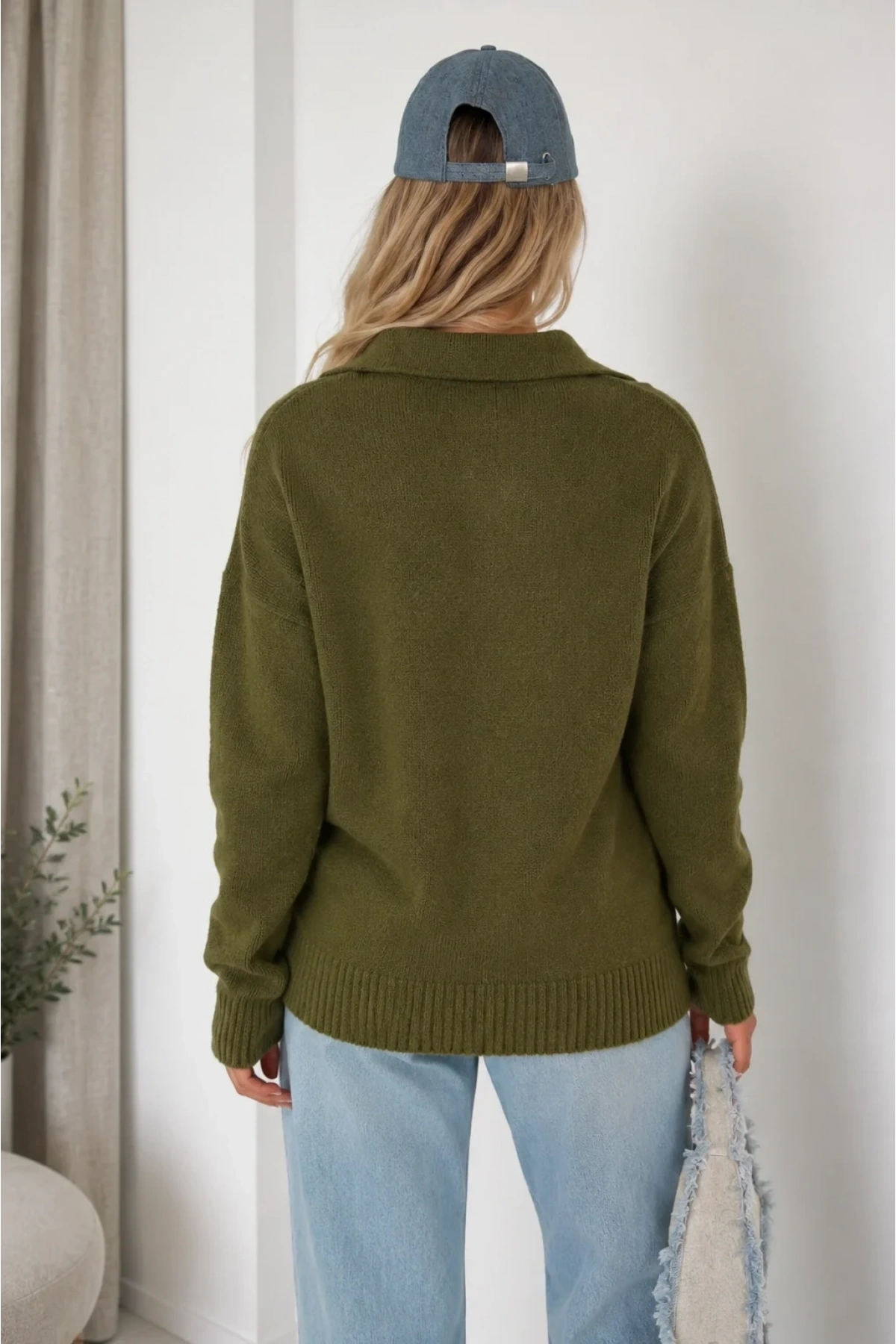 Kadın Yeşil Pamuklu Polo Yaka Oversize Triko Kazak