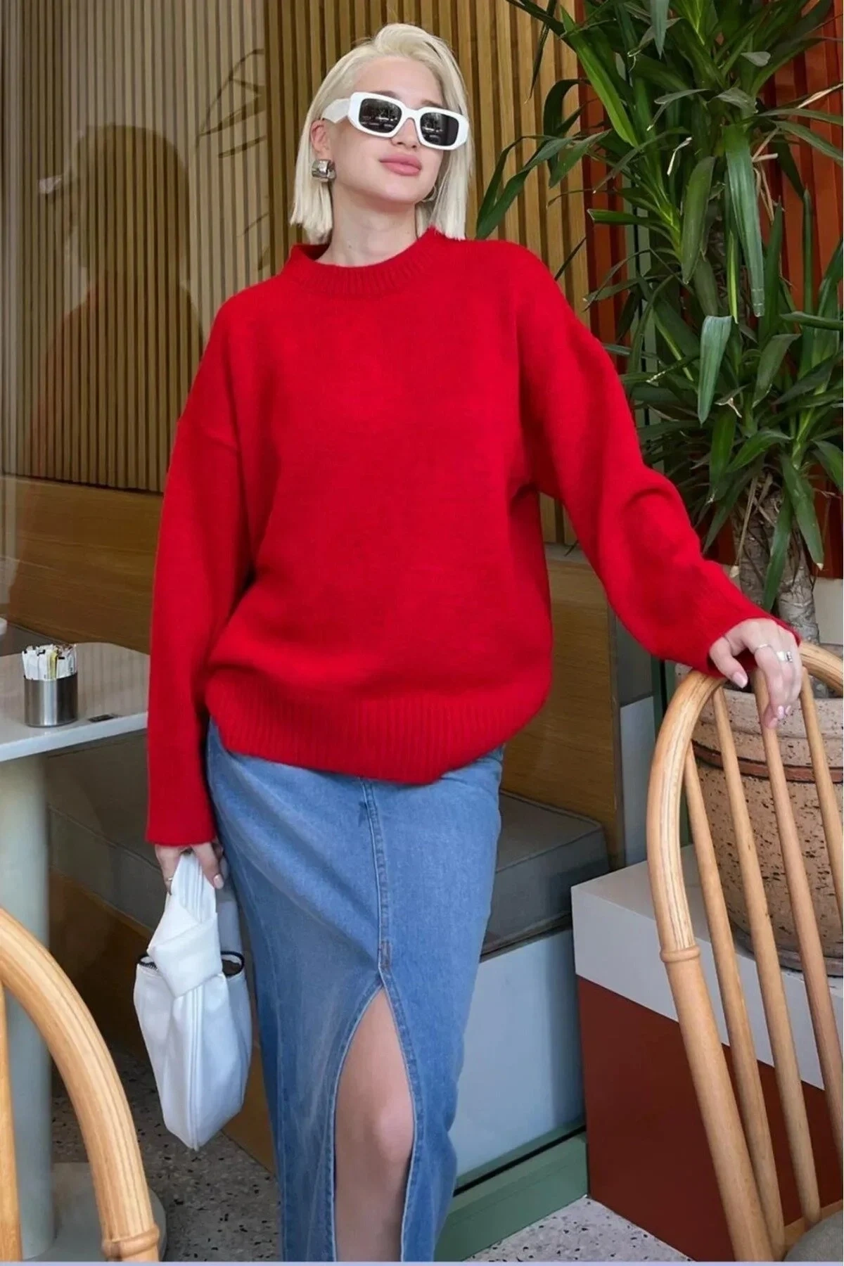 Kadın Kırmızı Bisiklet Yaka Uzun Kollu Oversize Yumuşak Dokulu Triko Kazak