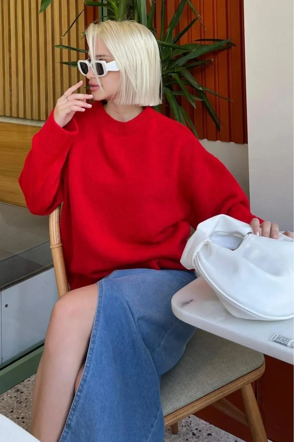 Kadın Kırmızı Bisiklet Yaka Uzun Kollu Oversize Yumuşak Dokulu Triko Kazak