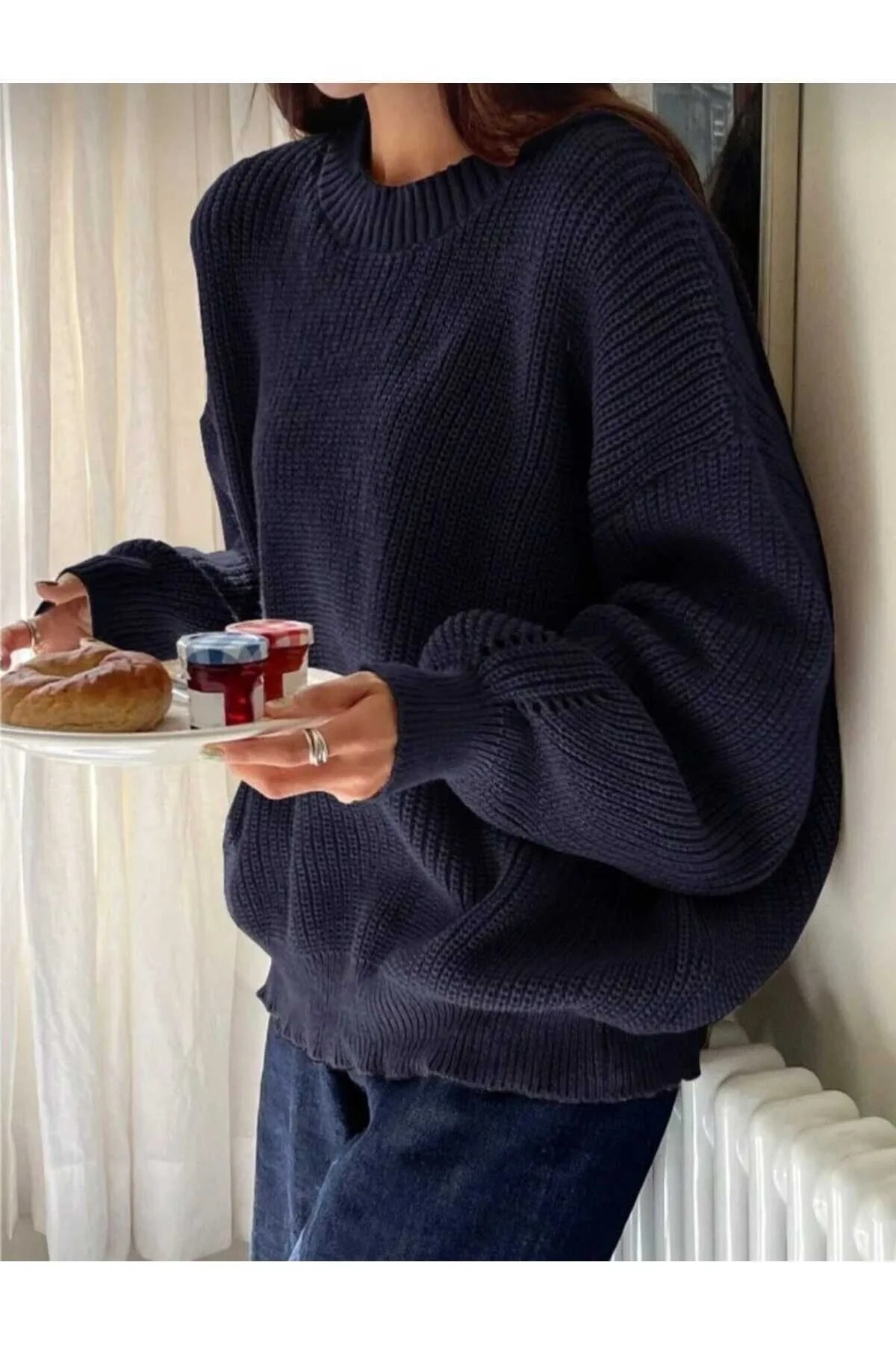 Kadın Lacivert Bisiklet Yaka Uzun Kollu Düşük Omuz Oversize Selanik Örgü Triko Kazak
