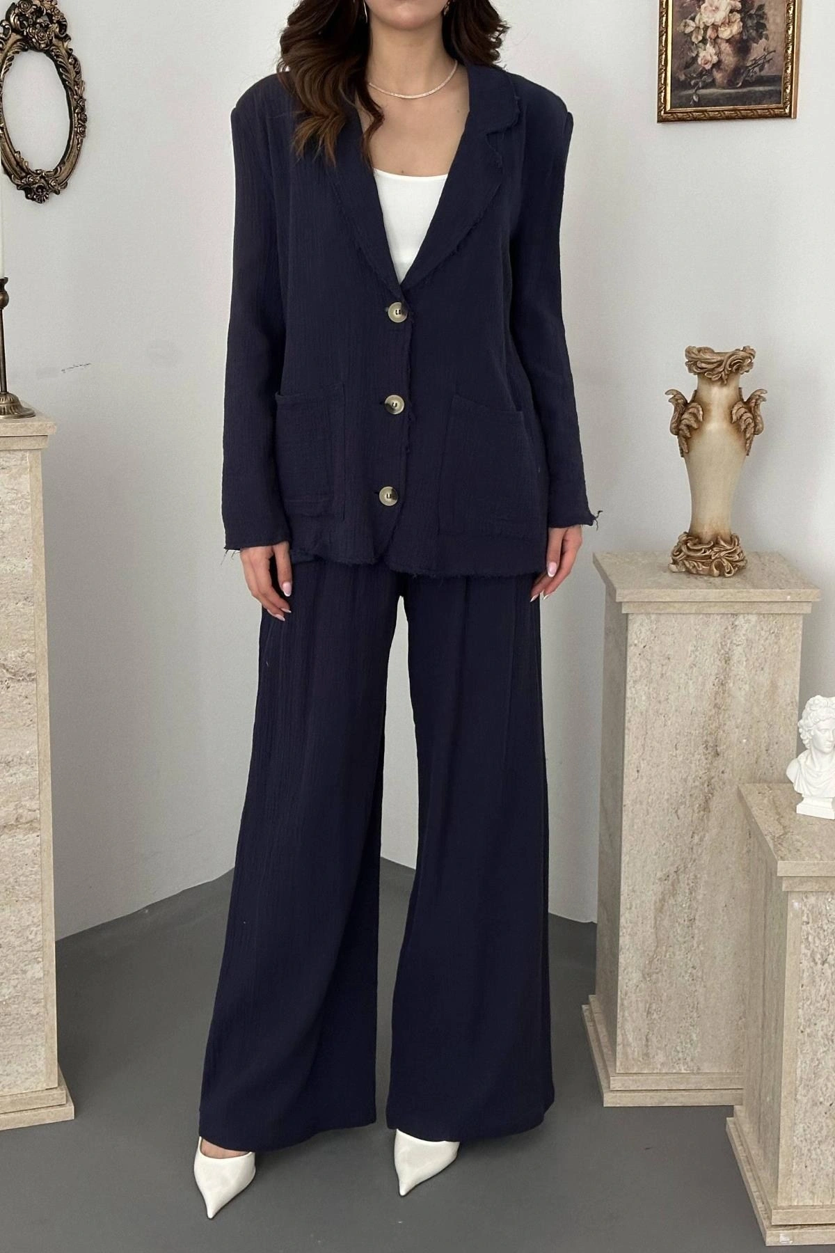 Kadın Lacivert Oversize Astarlı Pamuklu Müslin Takım