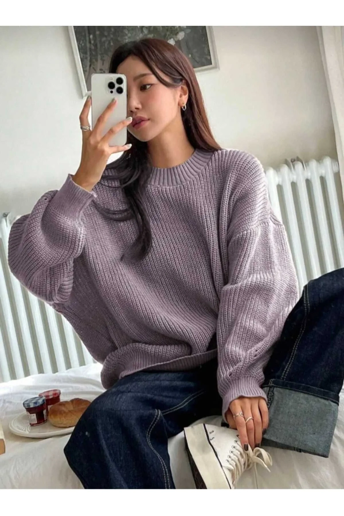 Kadın Lila Bisiklet Yaka Uzun Kollu Düşük Omuz Oversize Selanik Örgü Triko Kazak