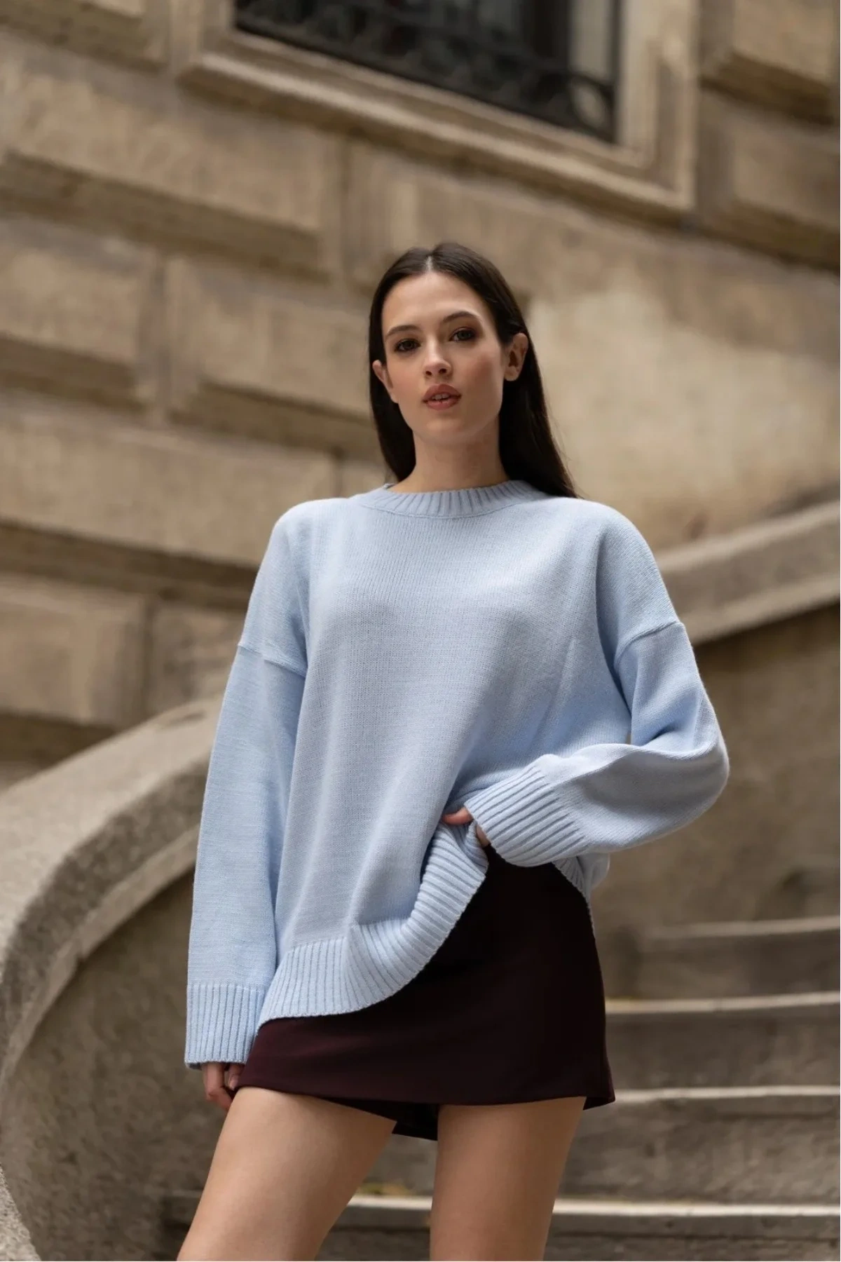 Kadın Mavi Bisiklet Yaka Uzun Kollu Oversize Yumuşak Dokulu Triko Kazak