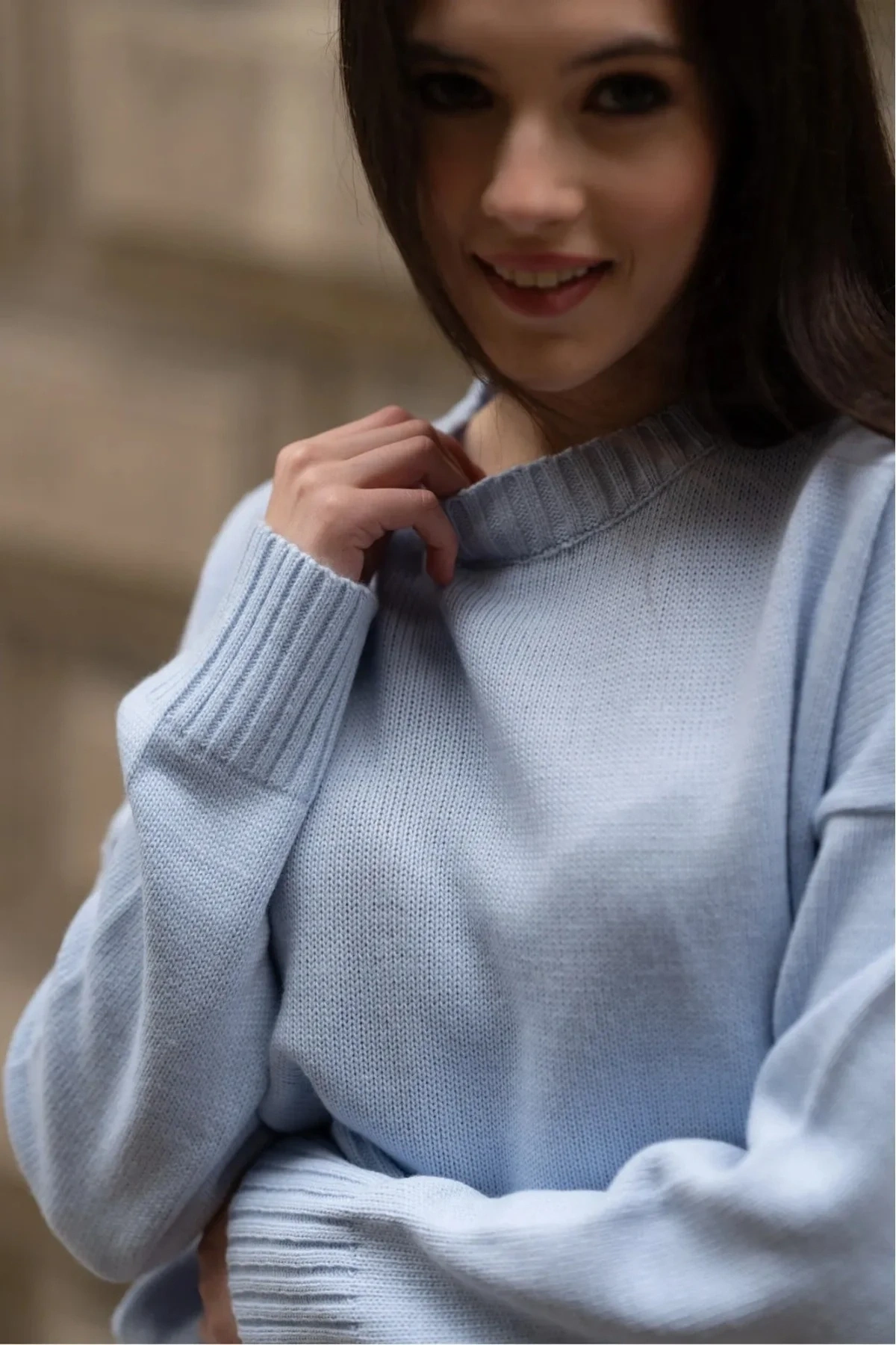 Kadın Mavi Bisiklet Yaka Uzun Kollu Oversize Yumuşak Dokulu Triko Kazak