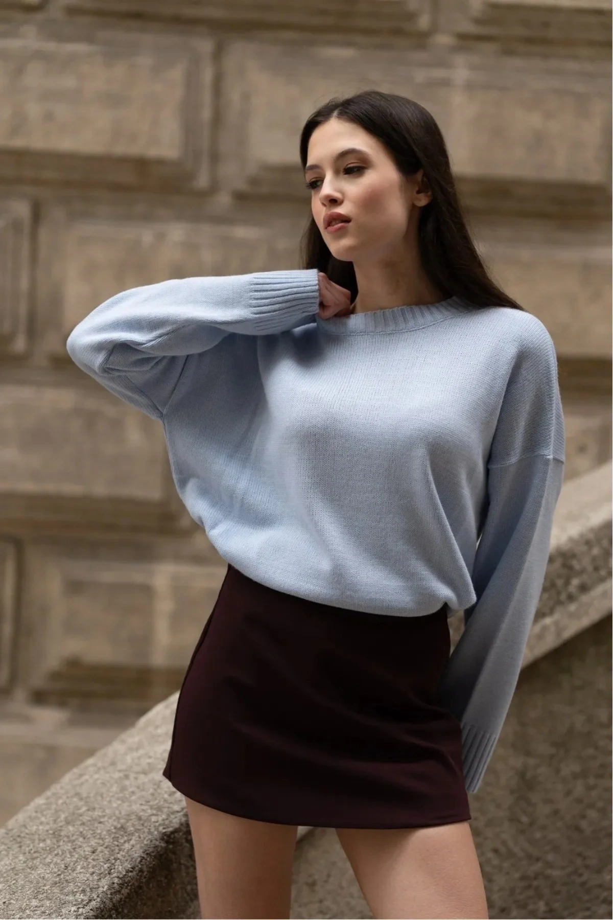 Kadın Mavi Bisiklet Yaka Uzun Kollu Oversize Yumuşak Dokulu Triko Kazak