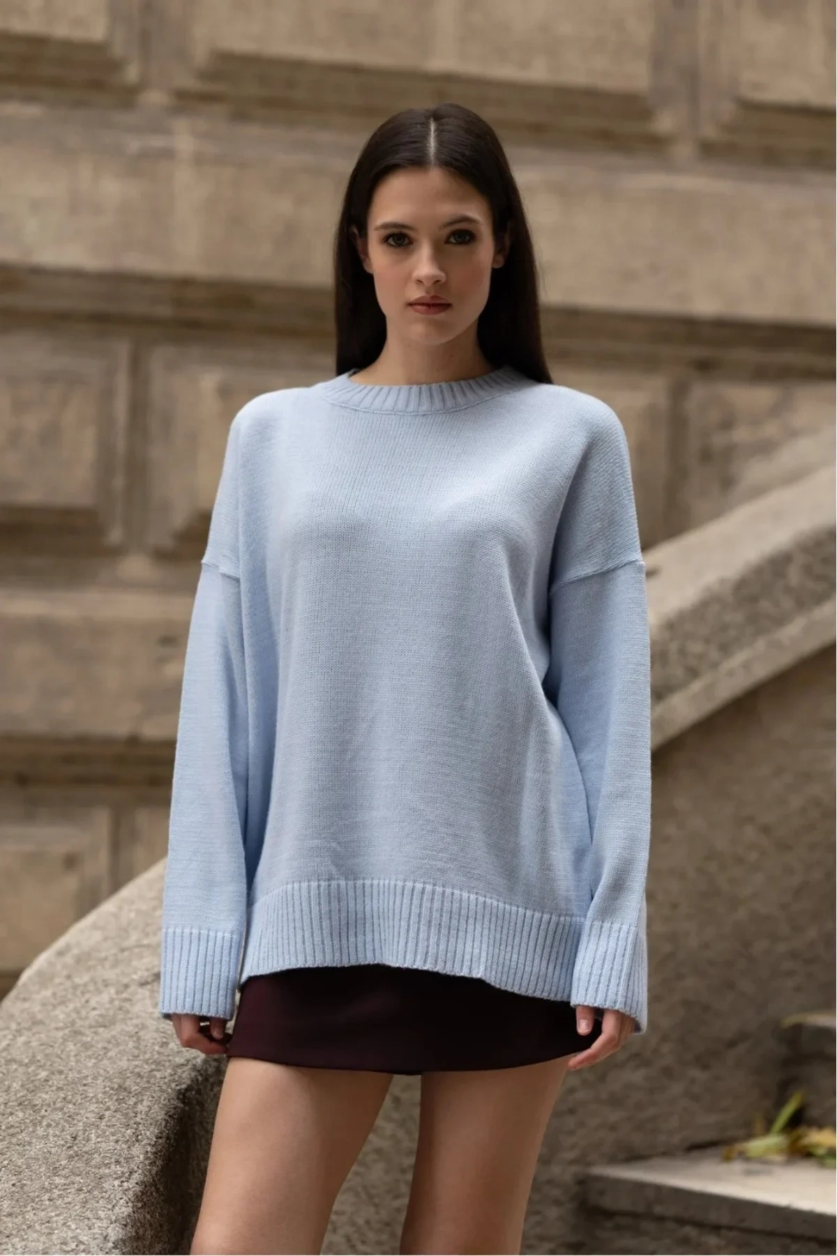 Kadın Mavi Bisiklet Yaka Uzun Kollu Oversize Yumuşak Dokulu Triko Kazak