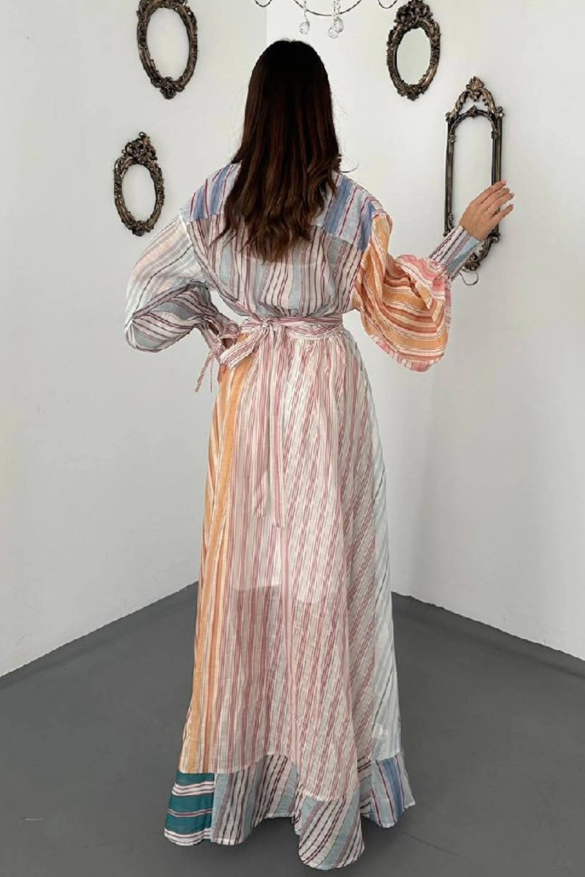 Kadın Mavi Pamuklu Çizgili Astarlı Elbise