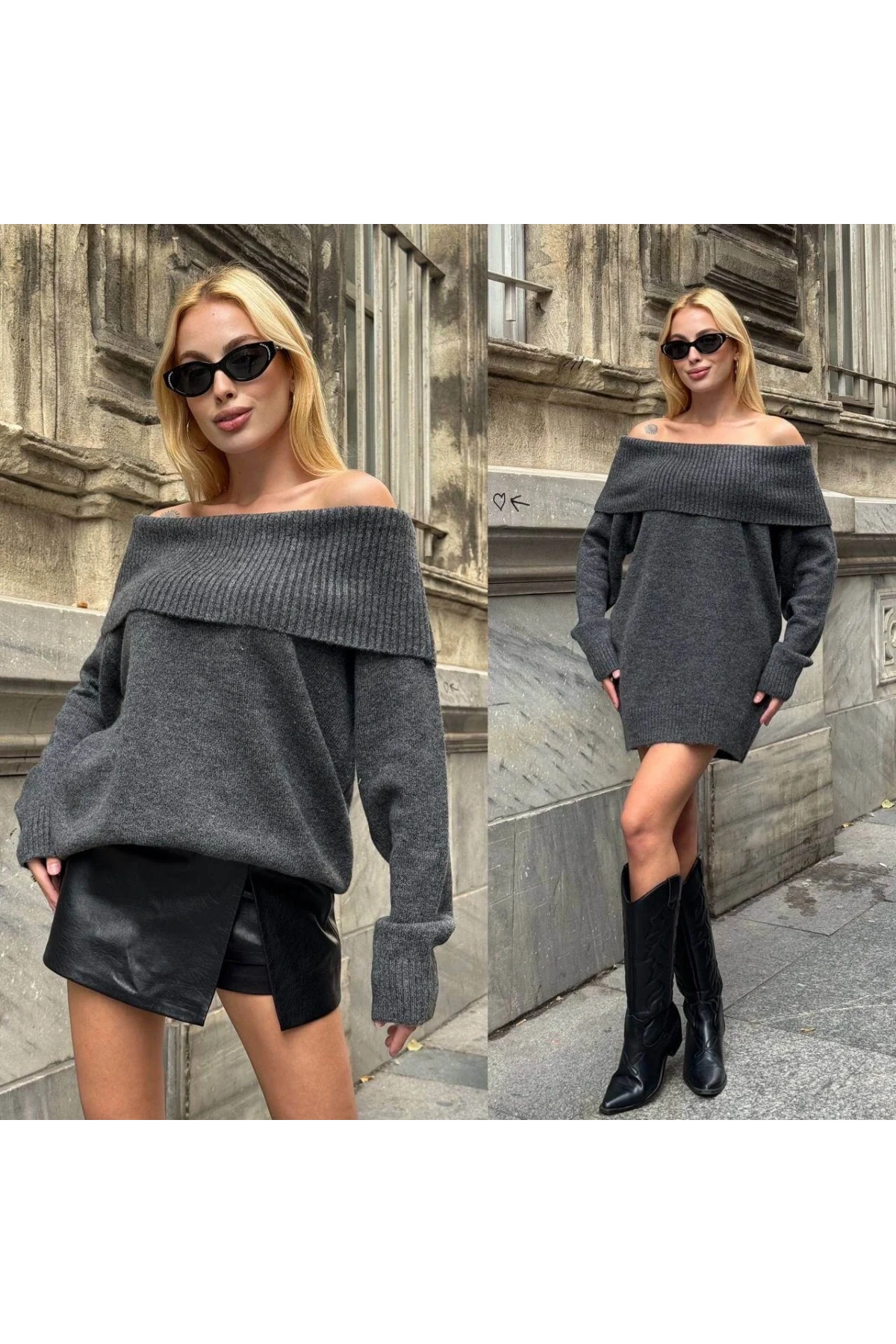Kadın Antrasit Madonna Yaka Düşük Omuz Oversize Salaş Kesim Kalın Triko Kazak Elbise