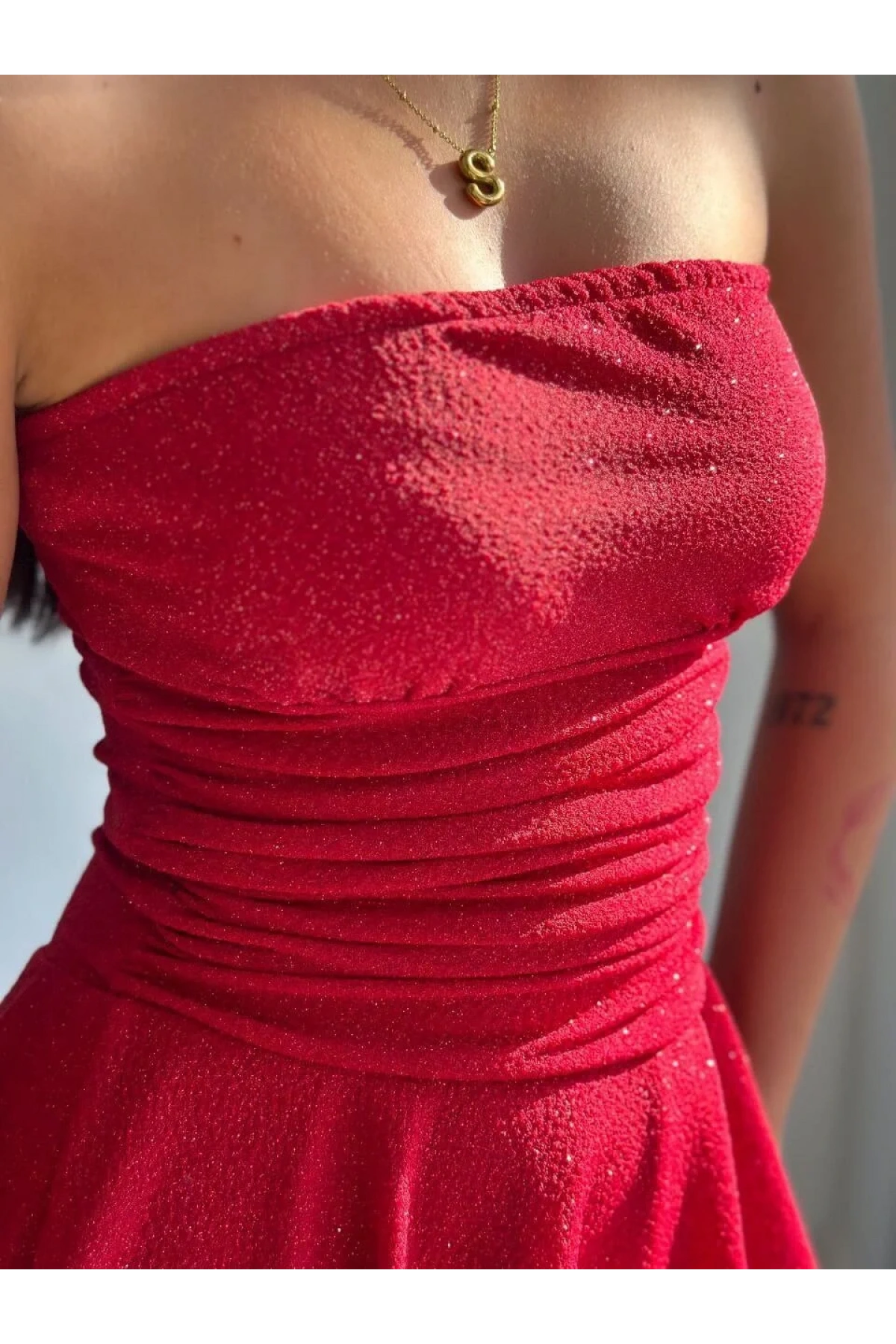 Kadın Bordo Simli Straplez Beli Büzgülü Esnek Kısa Mini Kloş Elbise Görünümlü Şık Şort Tulum