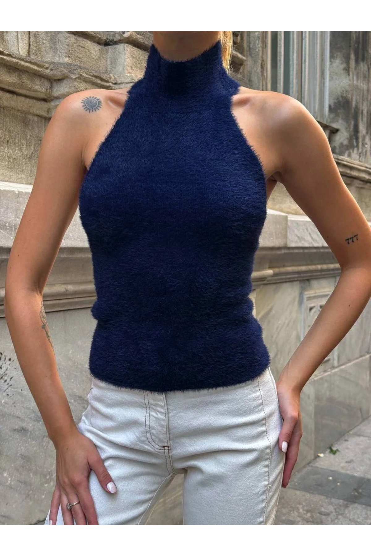 bysoca Kadın Lacivert Balıkçı Halter Yaka Sırtı Açık Yumuşak Dokulu Triko Büstiyer Bluz