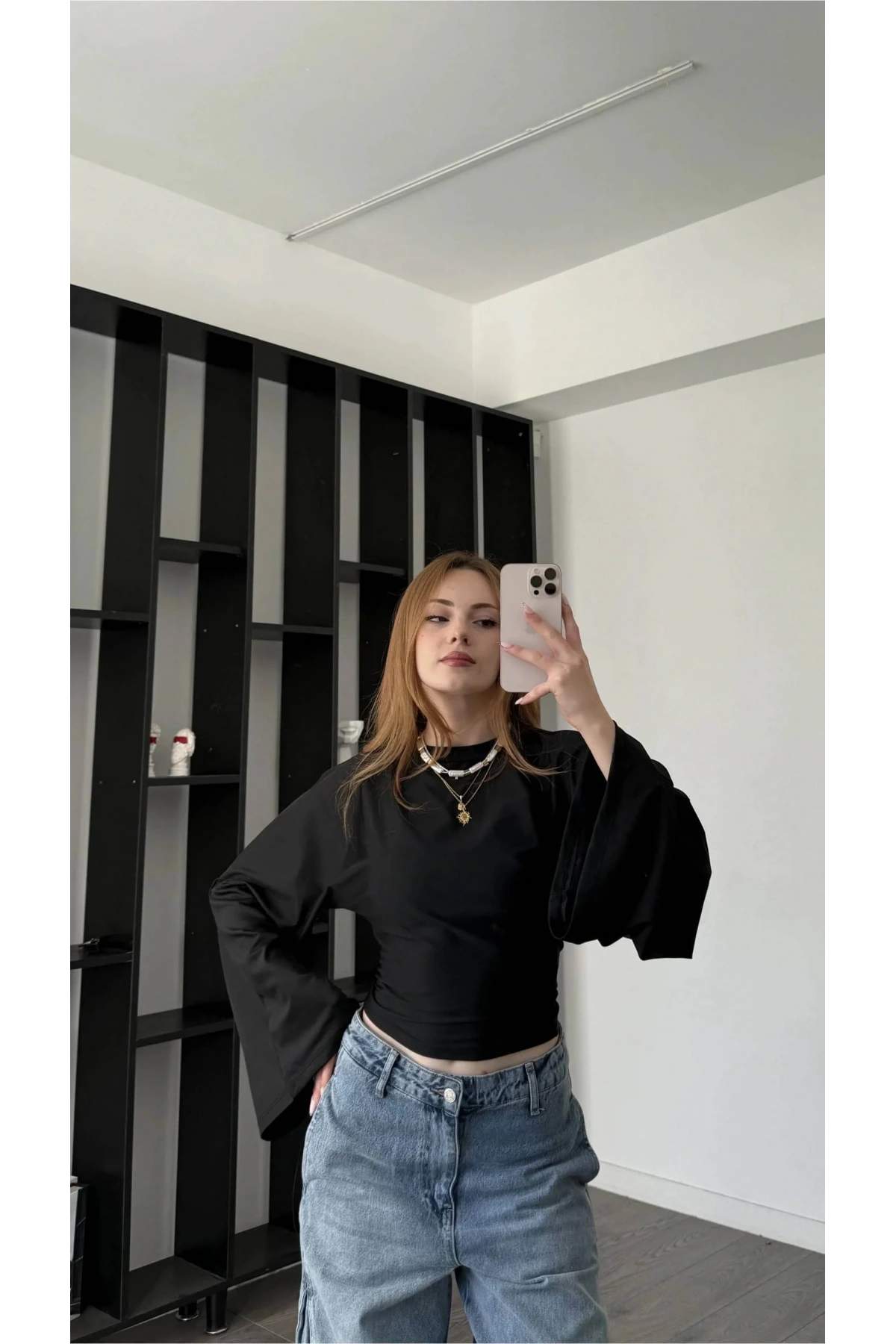 Kadın Siyah Bisiklet Yaka İspanyol Kollu Vücudu Saran Dalgıç Kumaş Crop Bluz