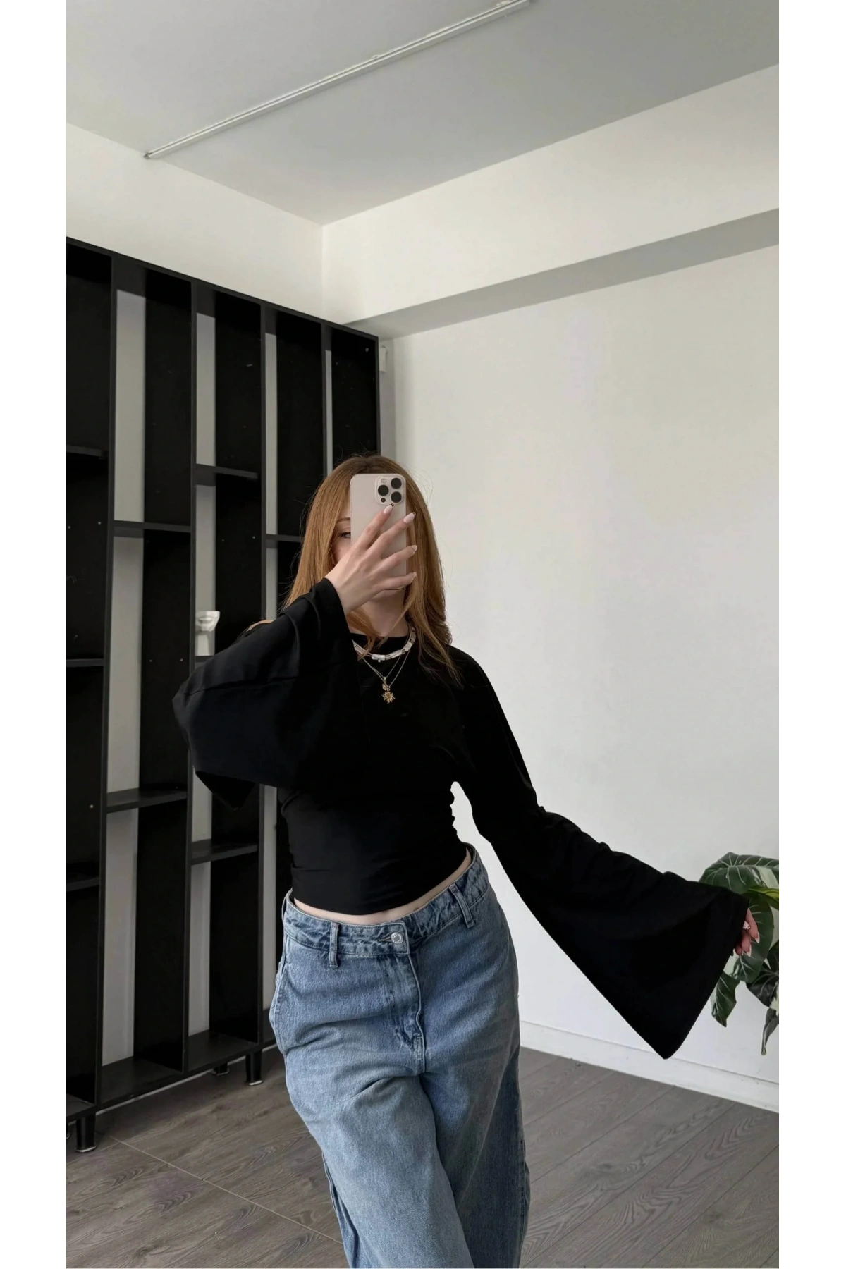 Kadın Siyah Bisiklet Yaka İspanyol Kollu Vücudu Saran Dalgıç Kumaş Crop Bluz