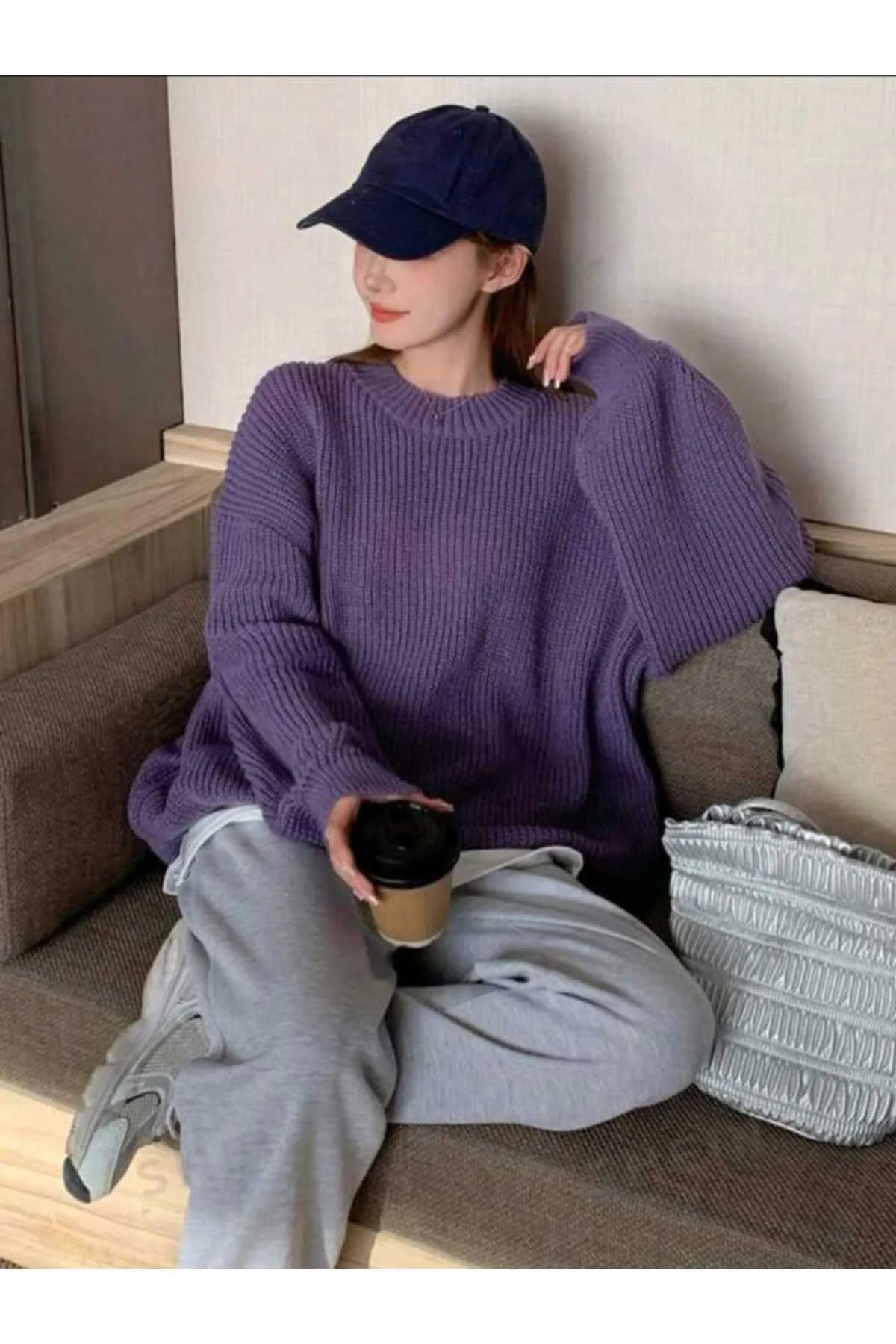 Kadın Mor Bisiklet Yaka Uzun Kollu Düşük Omuz Oversize Selanik Örgü Triko Kazak