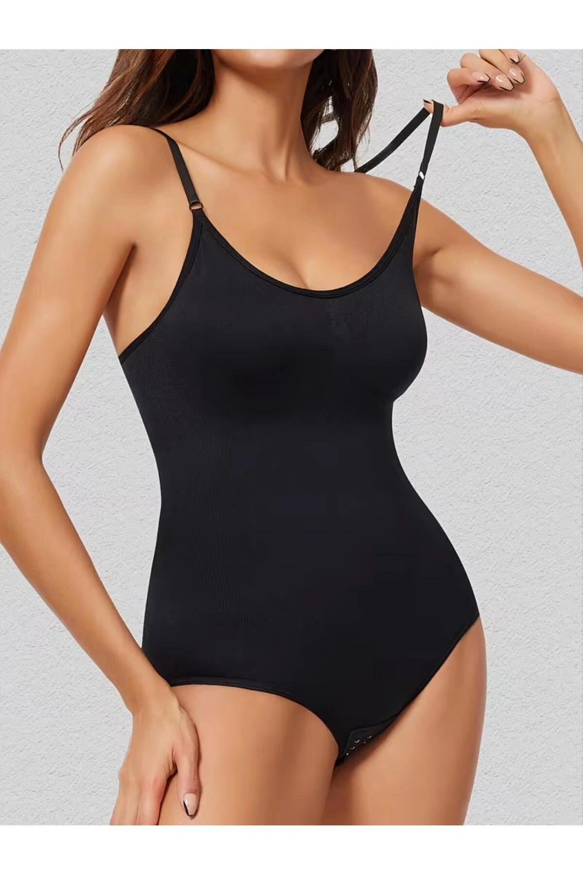 Kadın Siyah İnce Ayarlanabilir Askılı Dikişsiz Toparlayıcı Korse Tanga Body Çıtçıtlı String