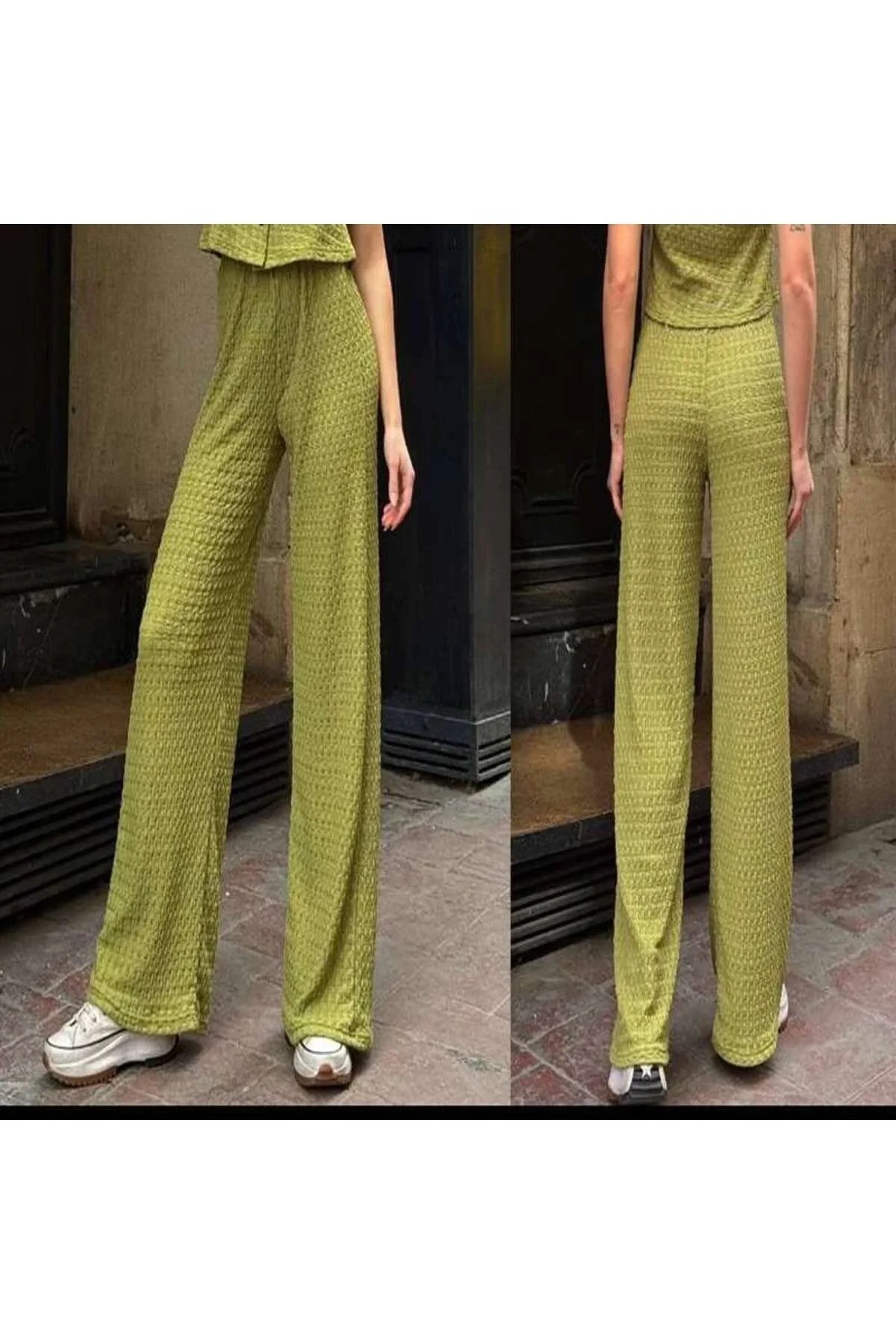 Kadın Yeşil Yüksek Bel Cepsiz Beli Lastikli Gofre Dokulu Bol Paça Rahat Günlük Pantolon