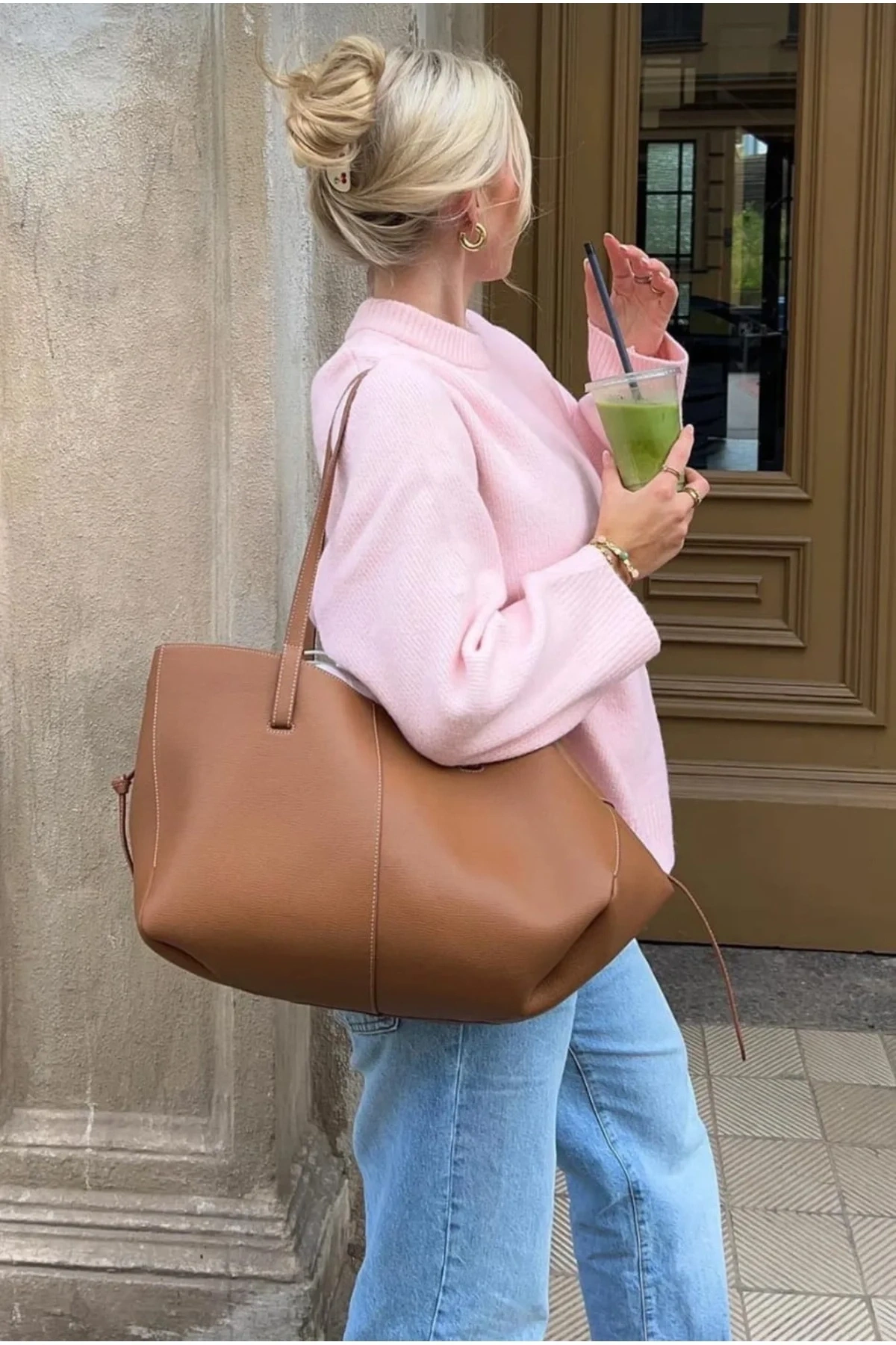 Kadın Pembe Bisiklet Yaka Uzun Kollu Oversize Yumuşak Dokulu Triko Kazak