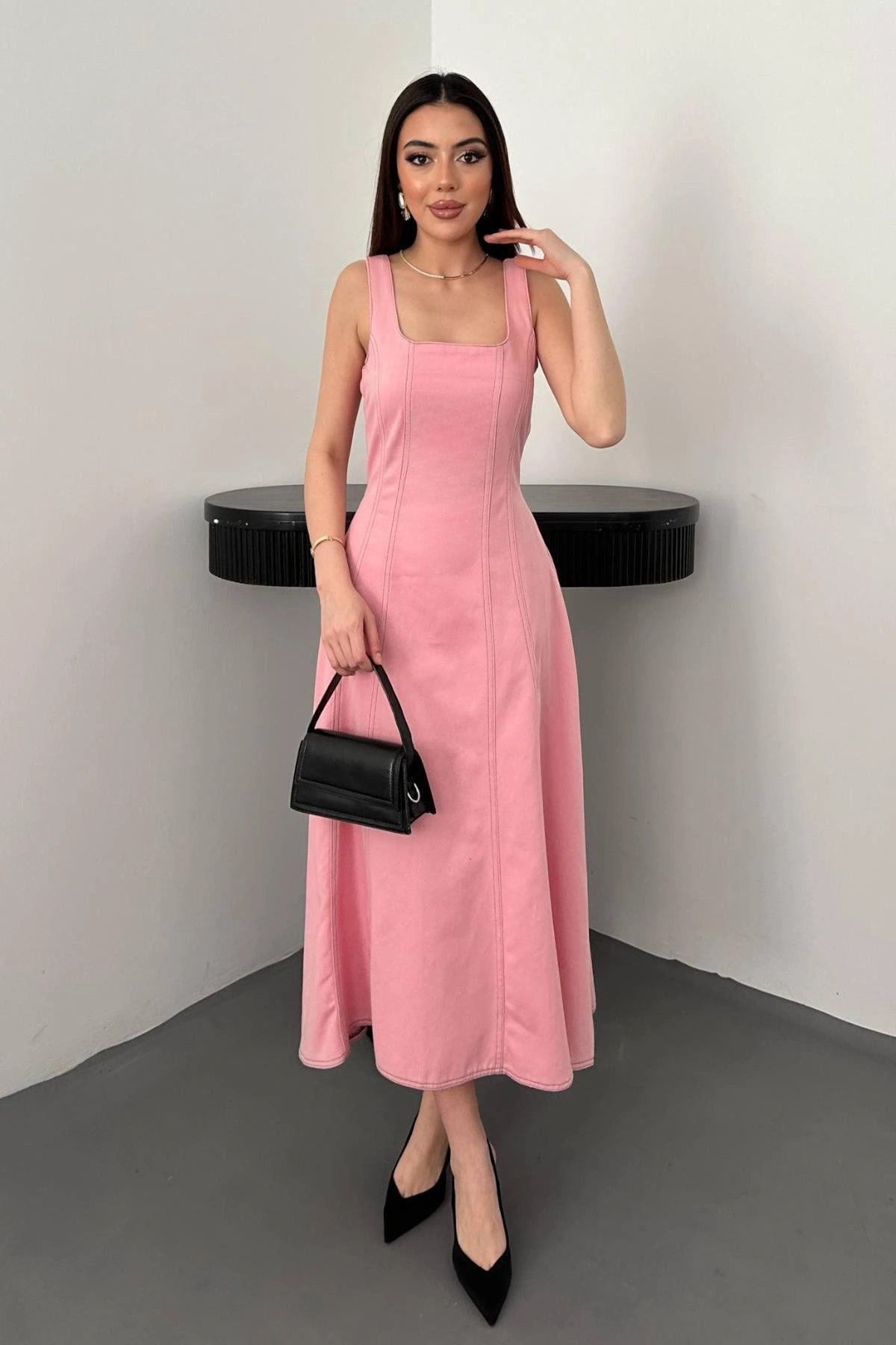 Pembe Çift Dikişli Gabardin Elbise - Pembe
