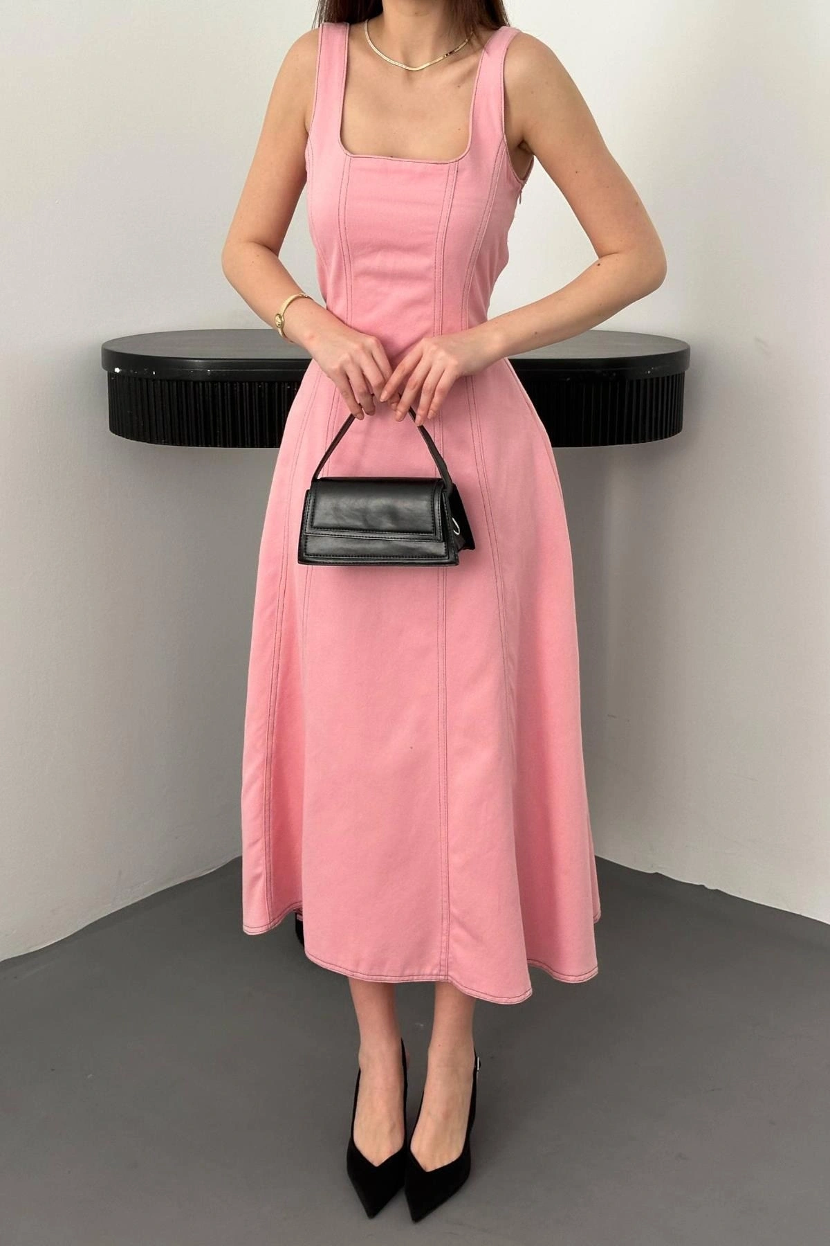 Pembe Çift Dikişli Gabardin Elbise - Pembe