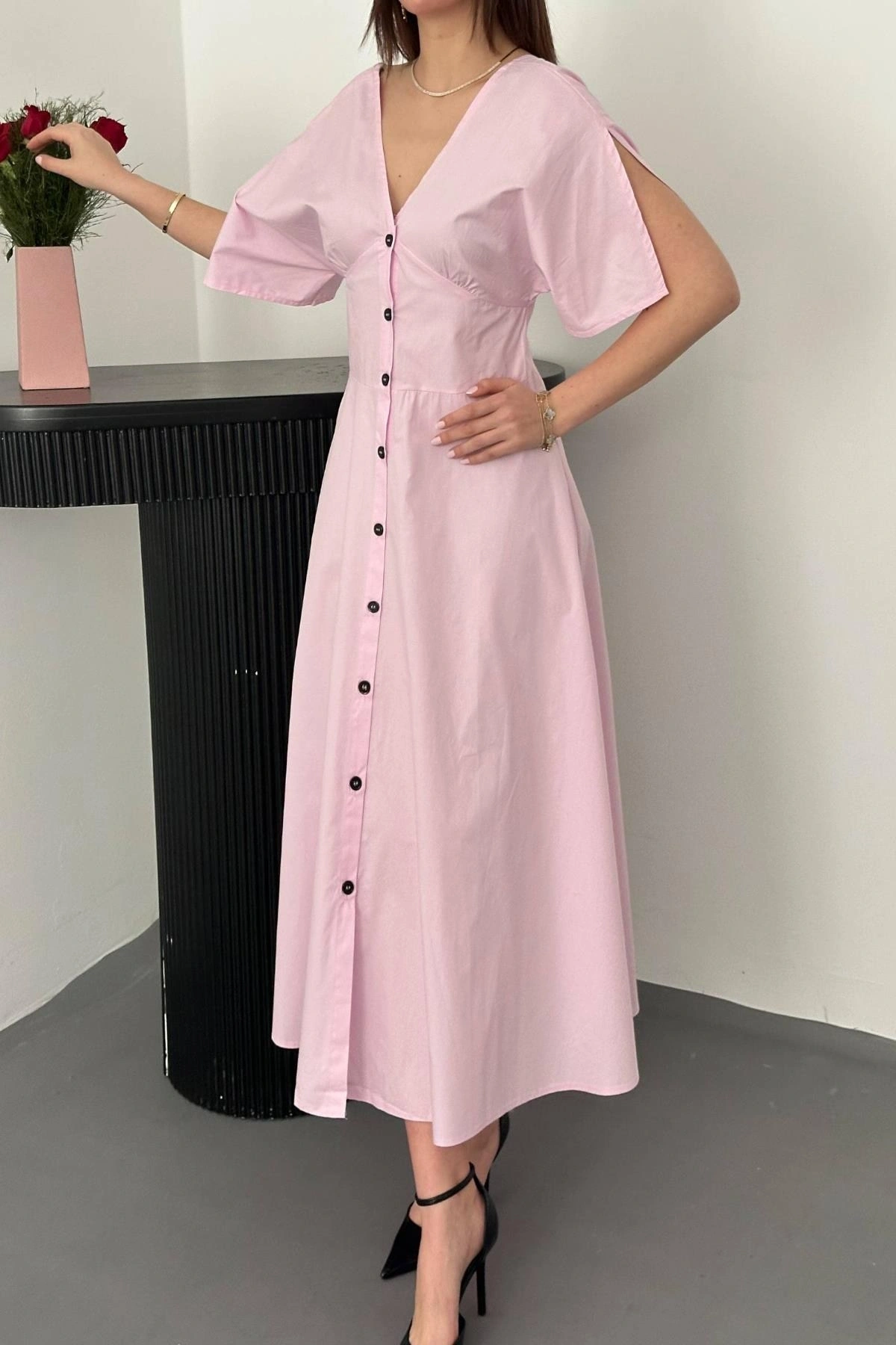 Pembe Düğmeli Midi Boy Poplin Elbise - Pembe