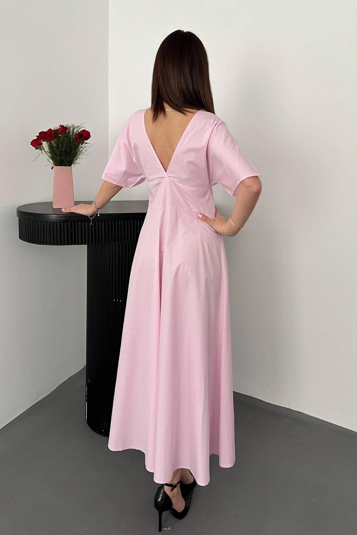 Pembe Düğmeli Midi Boy Poplin Elbise - Pembe