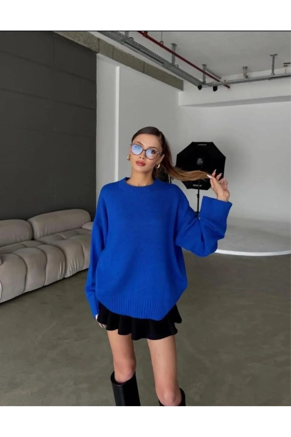 Kadın Saks Mavi Bisiklet Yaka Uzun Kollu Oversize Yumuşak Dokulu Triko Kazak