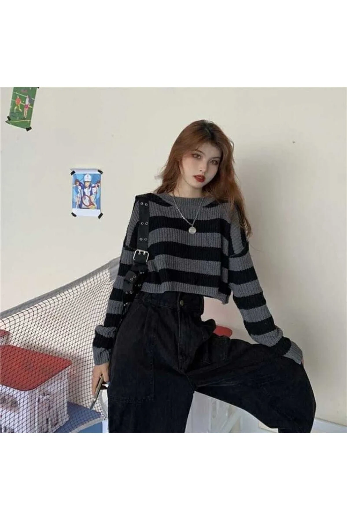 Kadın Siyah Gri Çizgili Selanik Örgü Bisiklet Yaka Uzun Kol Oversize Crop Triko Kazak